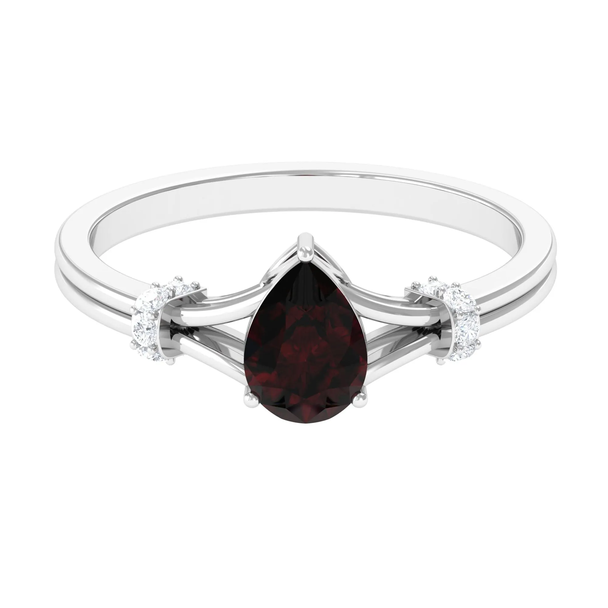 Pear Shape Garnet Solitaire Split Shank Ring with Diamond