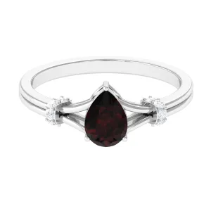 Pear Shape Garnet Solitaire Split Shank Ring with Diamond