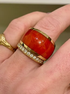 [PRIVATE] Vintage yellow 14K gold and inlaid red coral wide ring, size 6.75