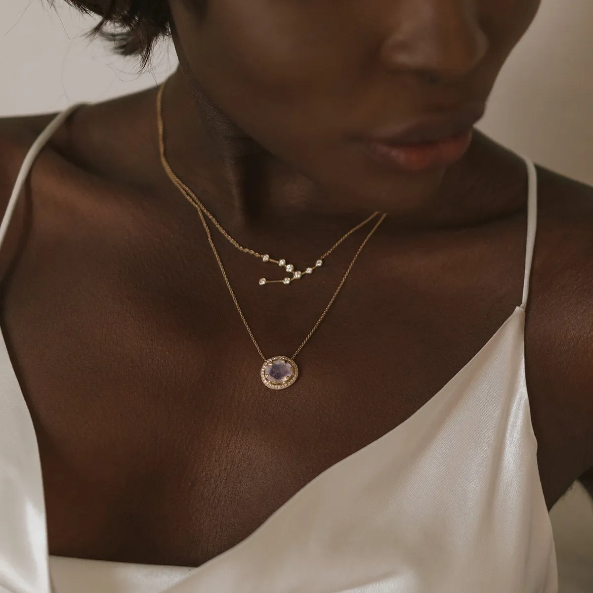 Queen Oval Moonstone Necklace with Full Pavé Diamond Halo