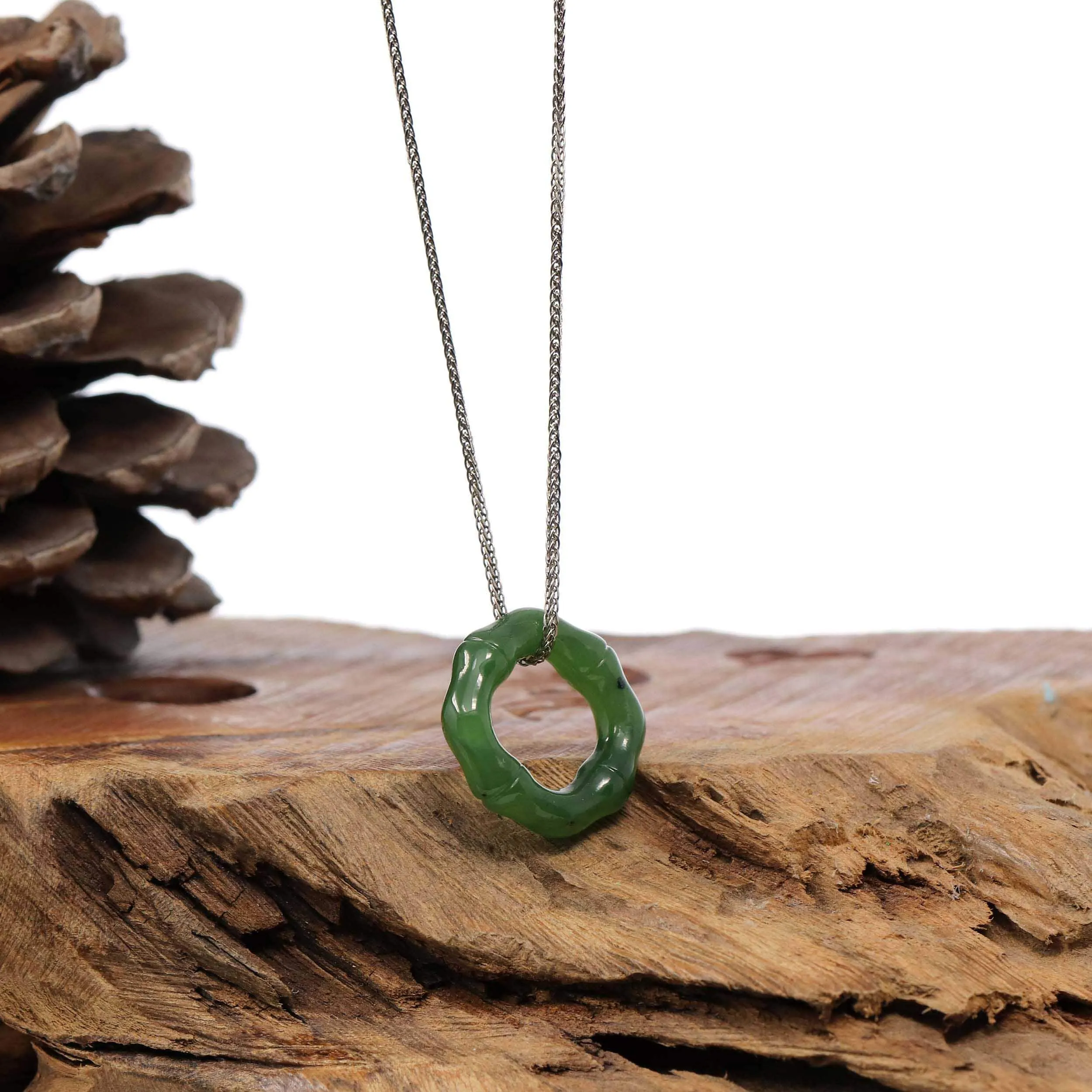 "Good Luck Button" Green Nephrite Jade Pendant Necklace Bamboo Style