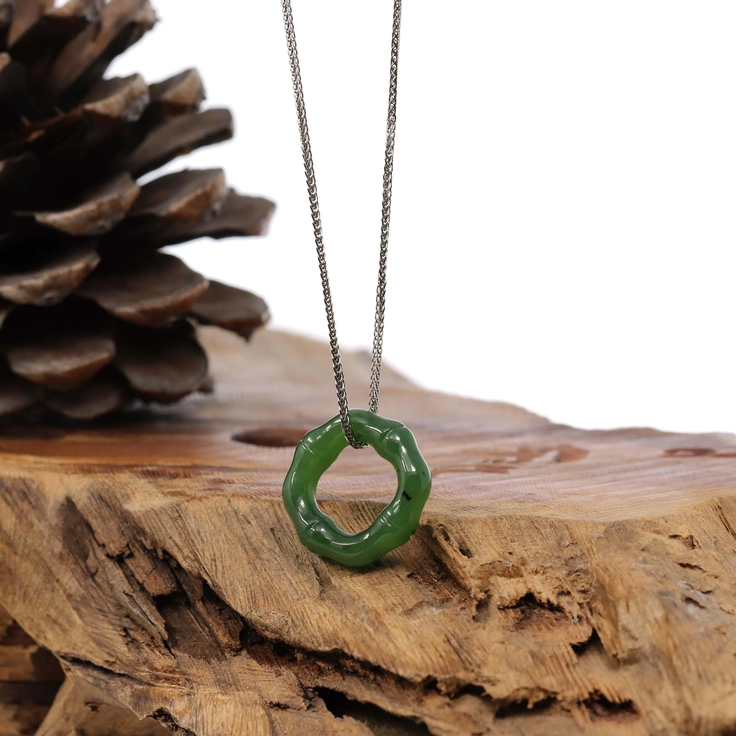 "Good Luck Button" Green Nephrite Jade Pendant Necklace Bamboo Style