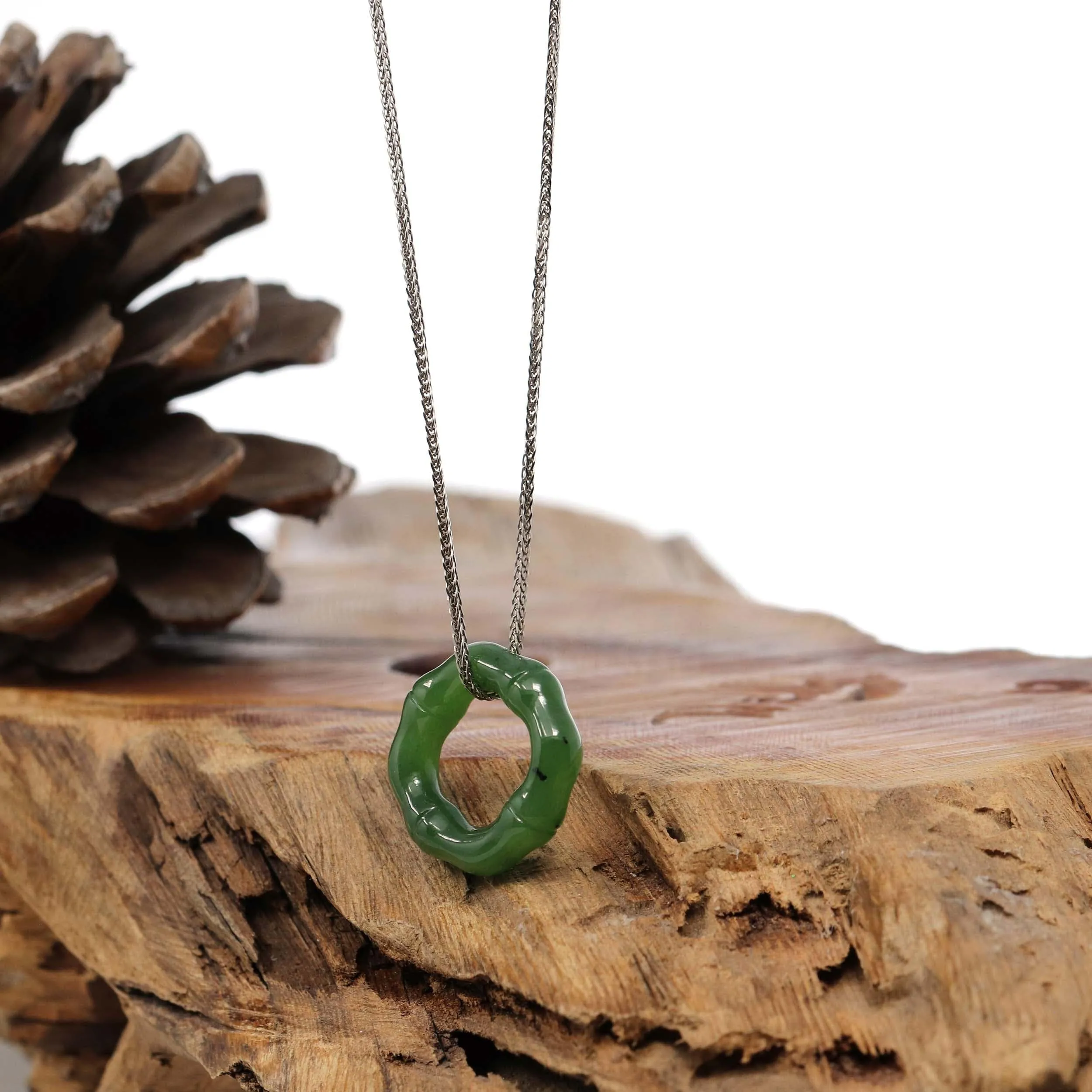 "Good Luck Button" Green Nephrite Jade Pendant Necklace Bamboo Style