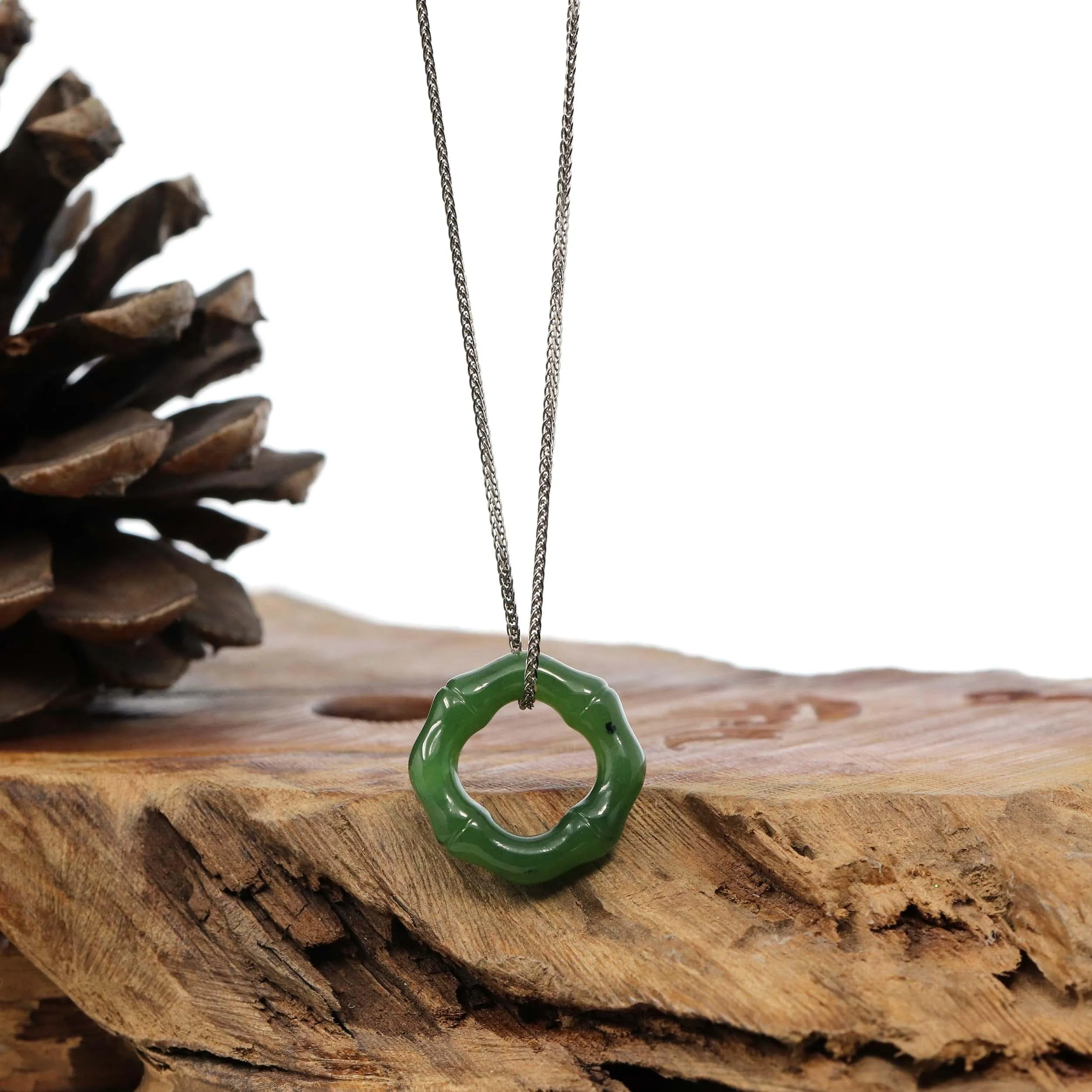 "Good Luck Button" Green Nephrite Jade Pendant Necklace Bamboo Style
