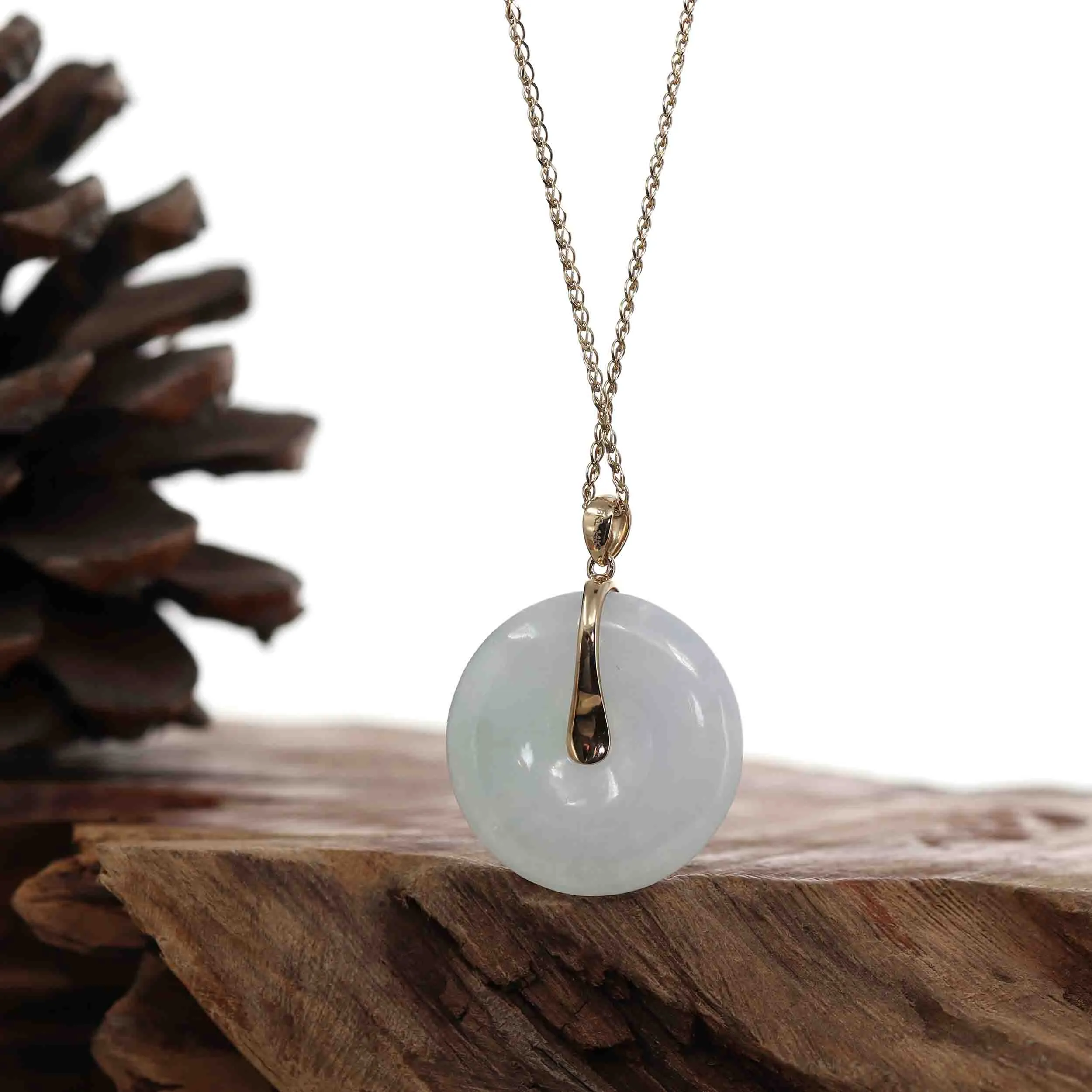 "Good Luck Button" White Lavender Jadeite Jade Lucky KouKou Pendant Necklace With 14K Yellow Gold Bail
