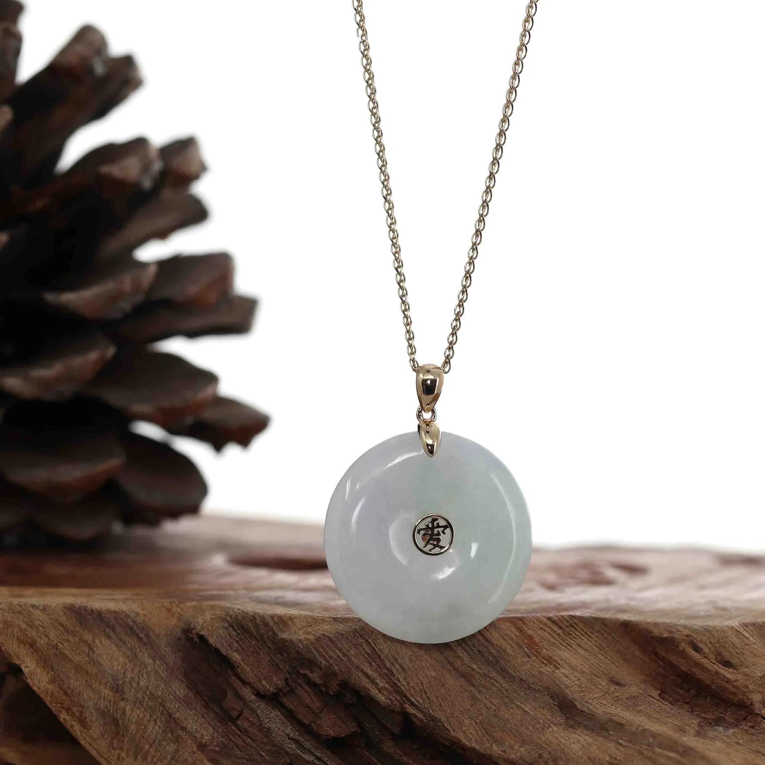 "Good Luck Button" White Lavender Jadeite Jade Lucky KouKou Pendant Necklace With 14K Yellow Gold Bail