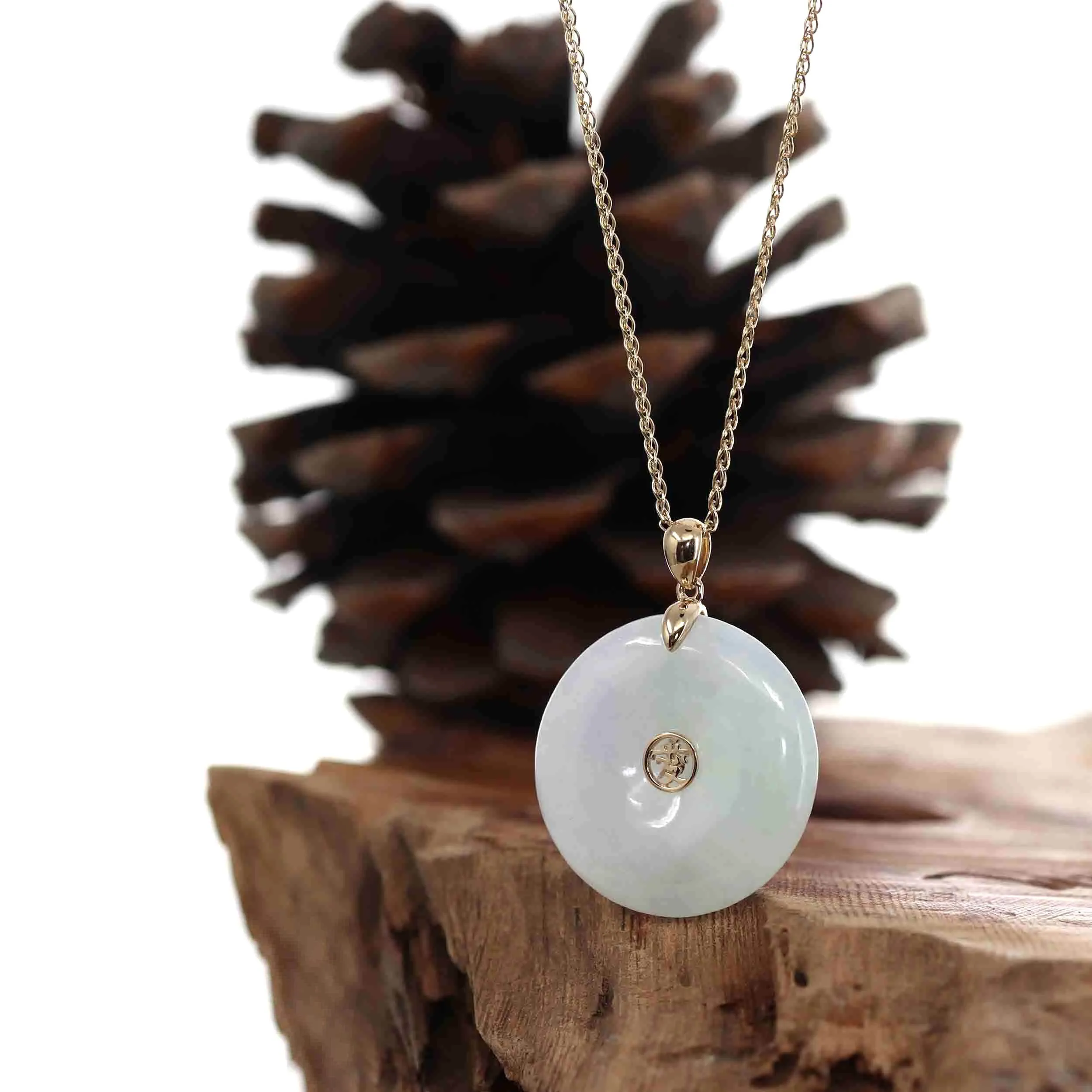 "Good Luck Button" White Lavender Jadeite Jade Lucky KouKou Pendant Necklace With 14K Yellow Gold Bail