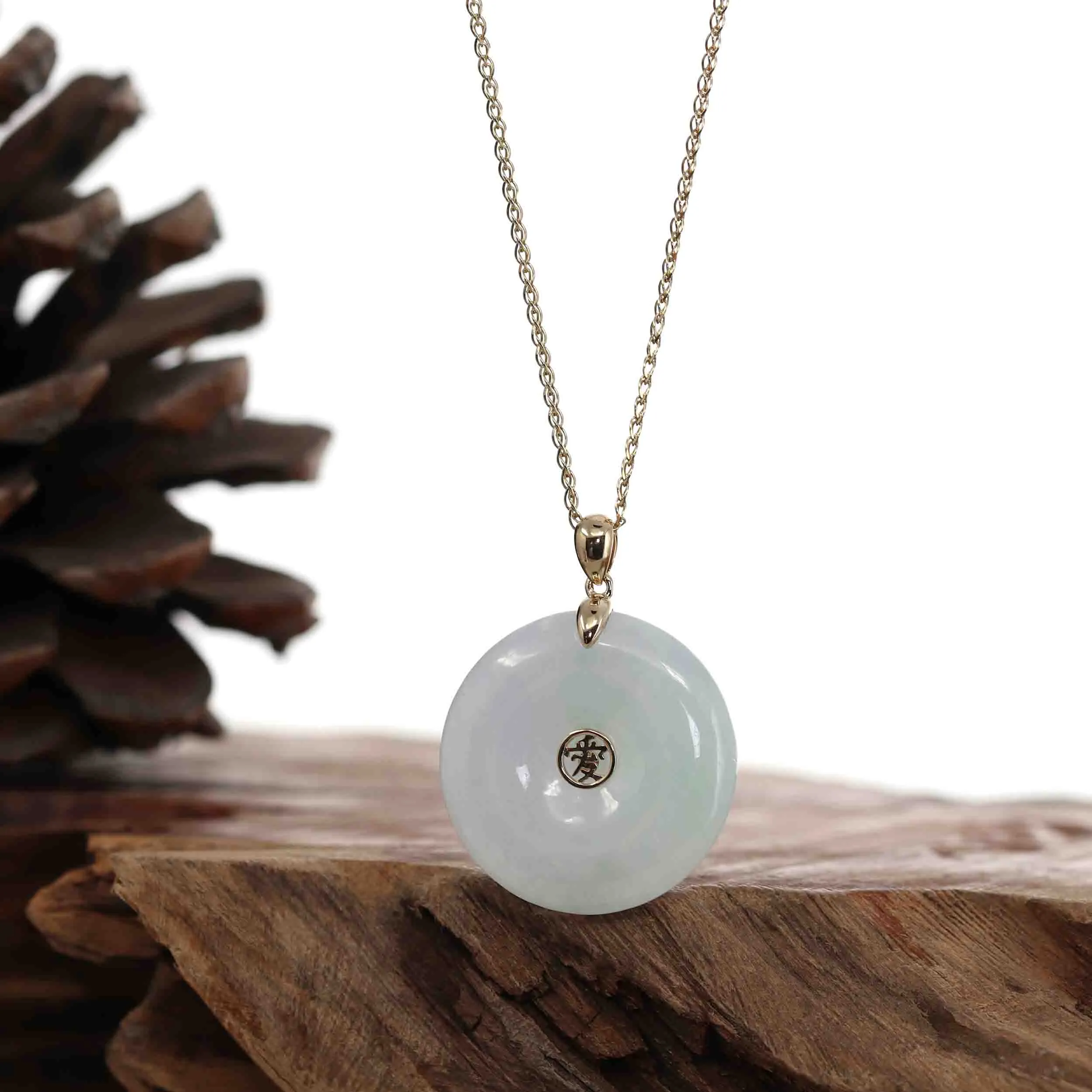 "Good Luck Button" White Lavender Jadeite Jade Lucky KouKou Pendant Necklace With 14K Yellow Gold Bail