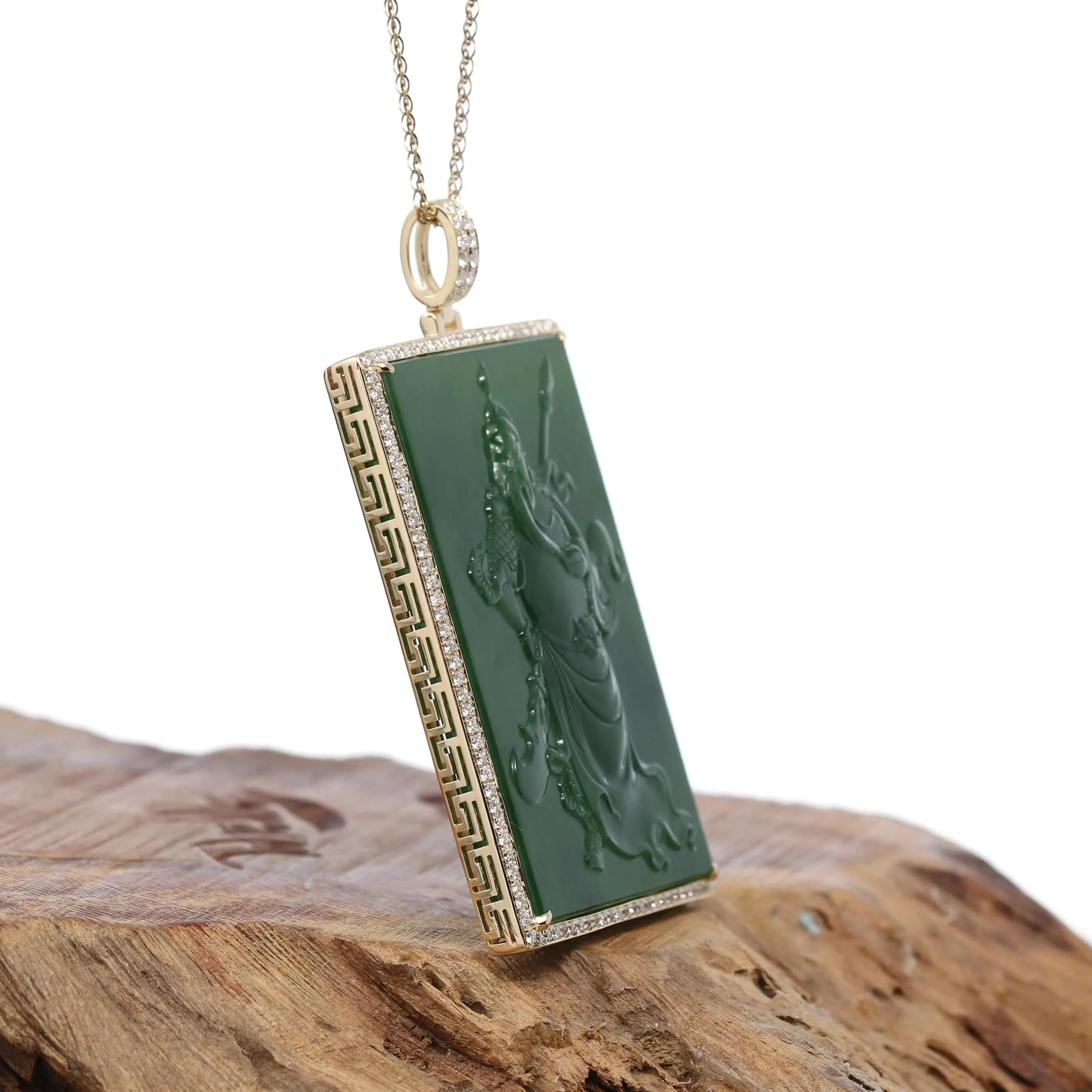 "Guangong" Large 14k Yellow Gold Genuine Apple Green Nephrite Jade with VS1 Diamonds Pendant Necklace