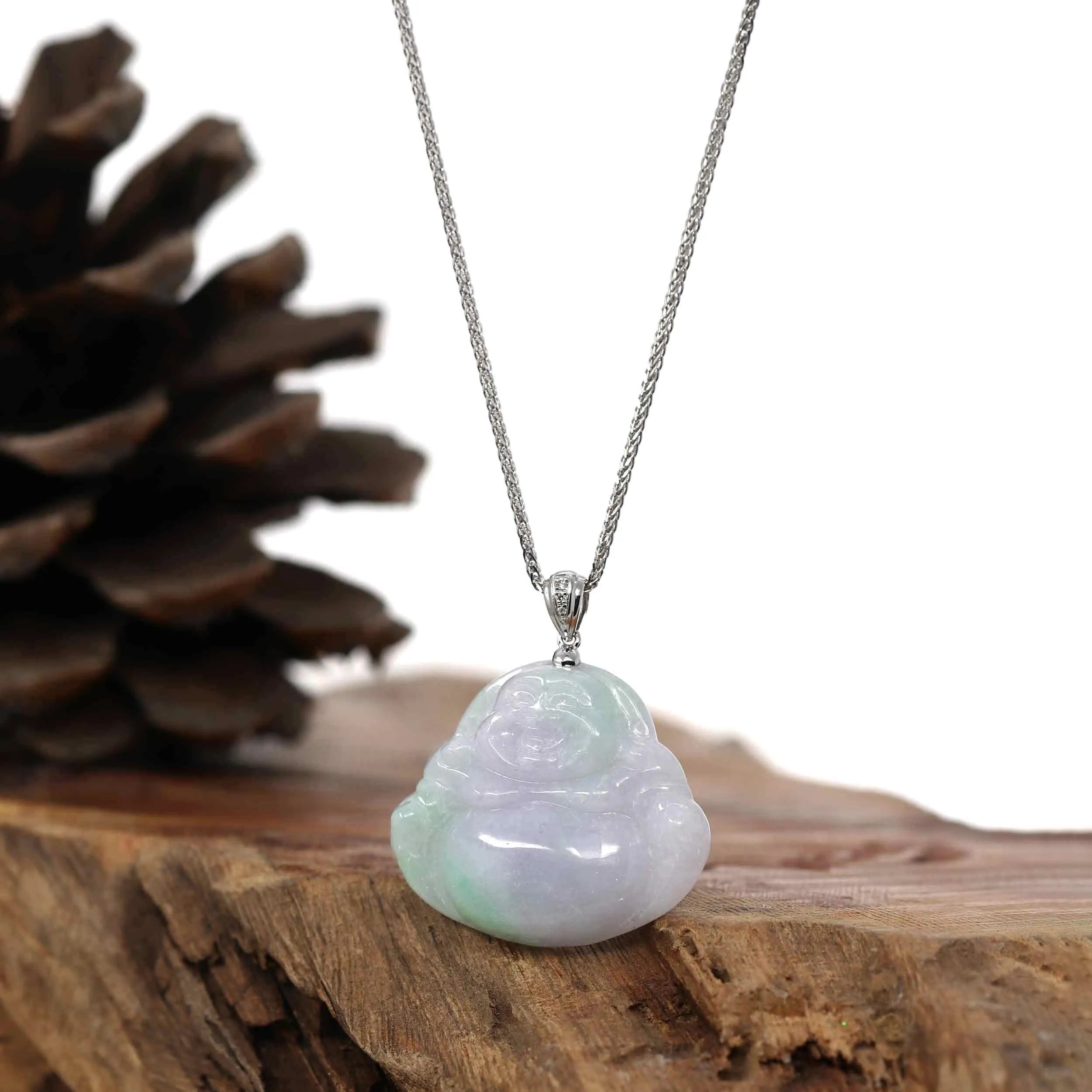 "Laughing Buddha" Genuine Green & Lavender Jadeite Jade With 14k White Gold VS1 Diamonds