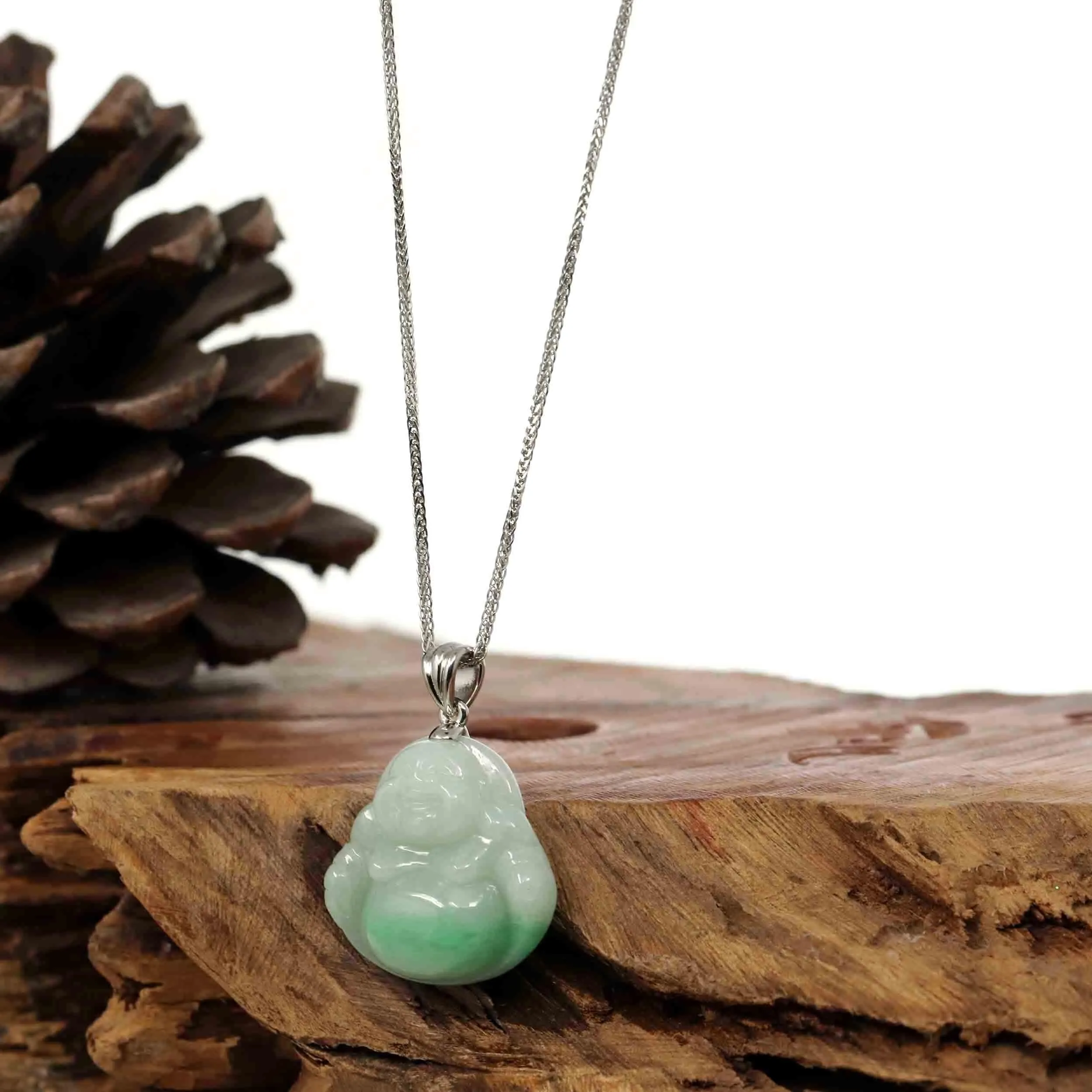 "Laughing Buddha" Genuine Vibrant Green Jadeite Buddha Pendant Necklace With Sterling Silver Bail