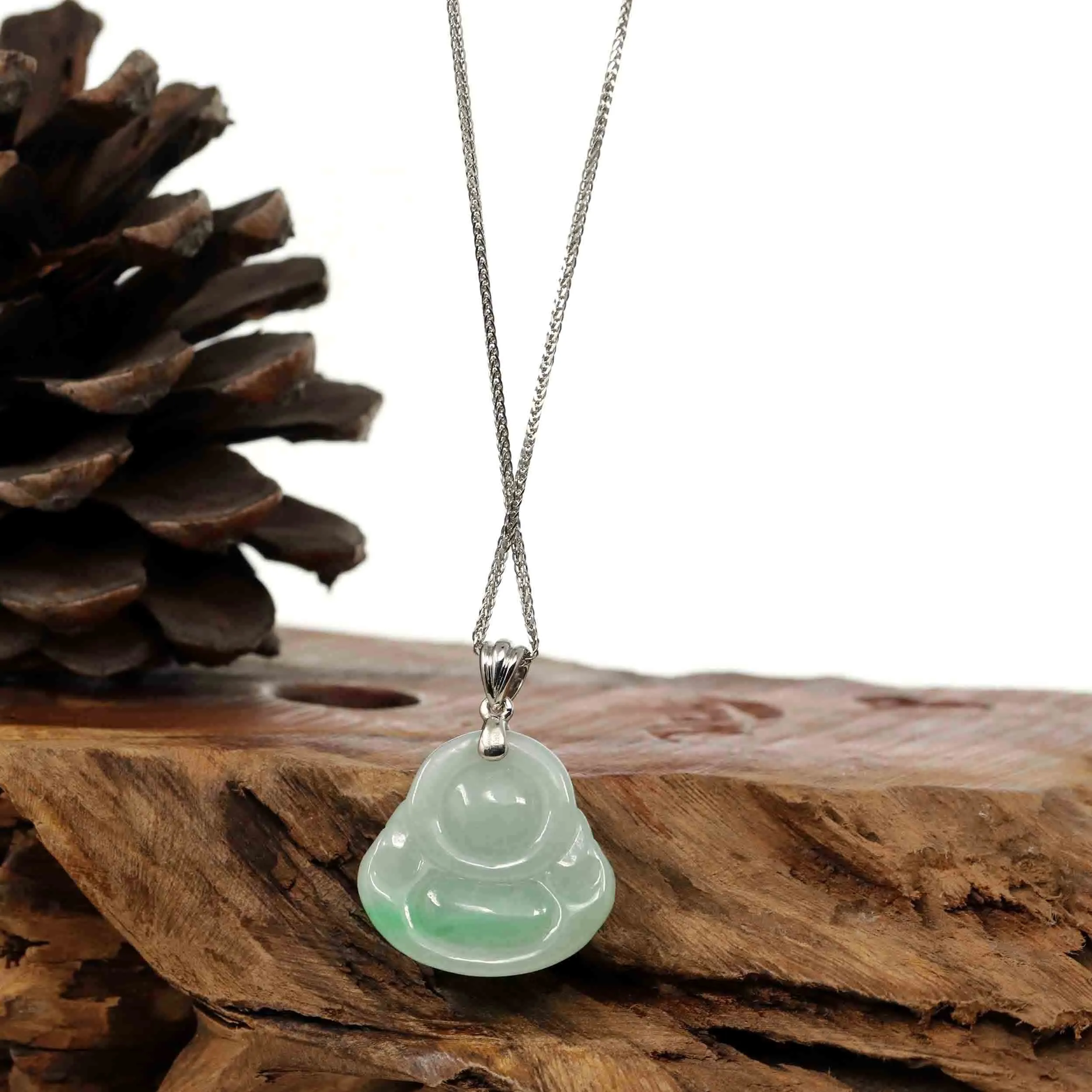 "Laughing Buddha" Genuine Vibrant Green Jadeite Buddha Pendant Necklace With Sterling Silver Bail