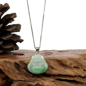 "Laughing Buddha" Genuine Vibrant Green Jadeite Buddha Pendant Necklace With Sterling Silver Bail