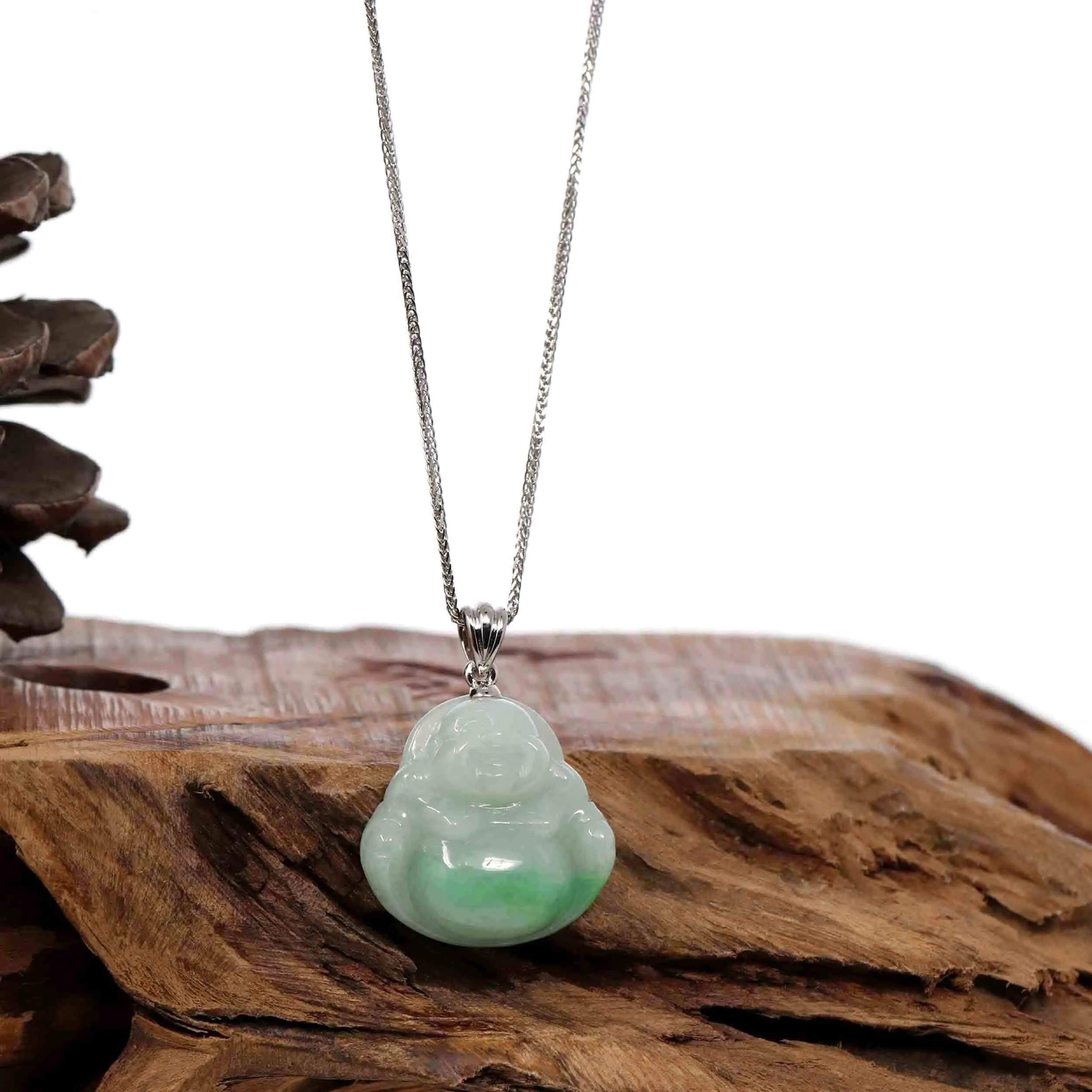 "Laughing Buddha" Genuine Vibrant Green Jadeite Buddha Pendant Necklace With Sterling Silver Bail