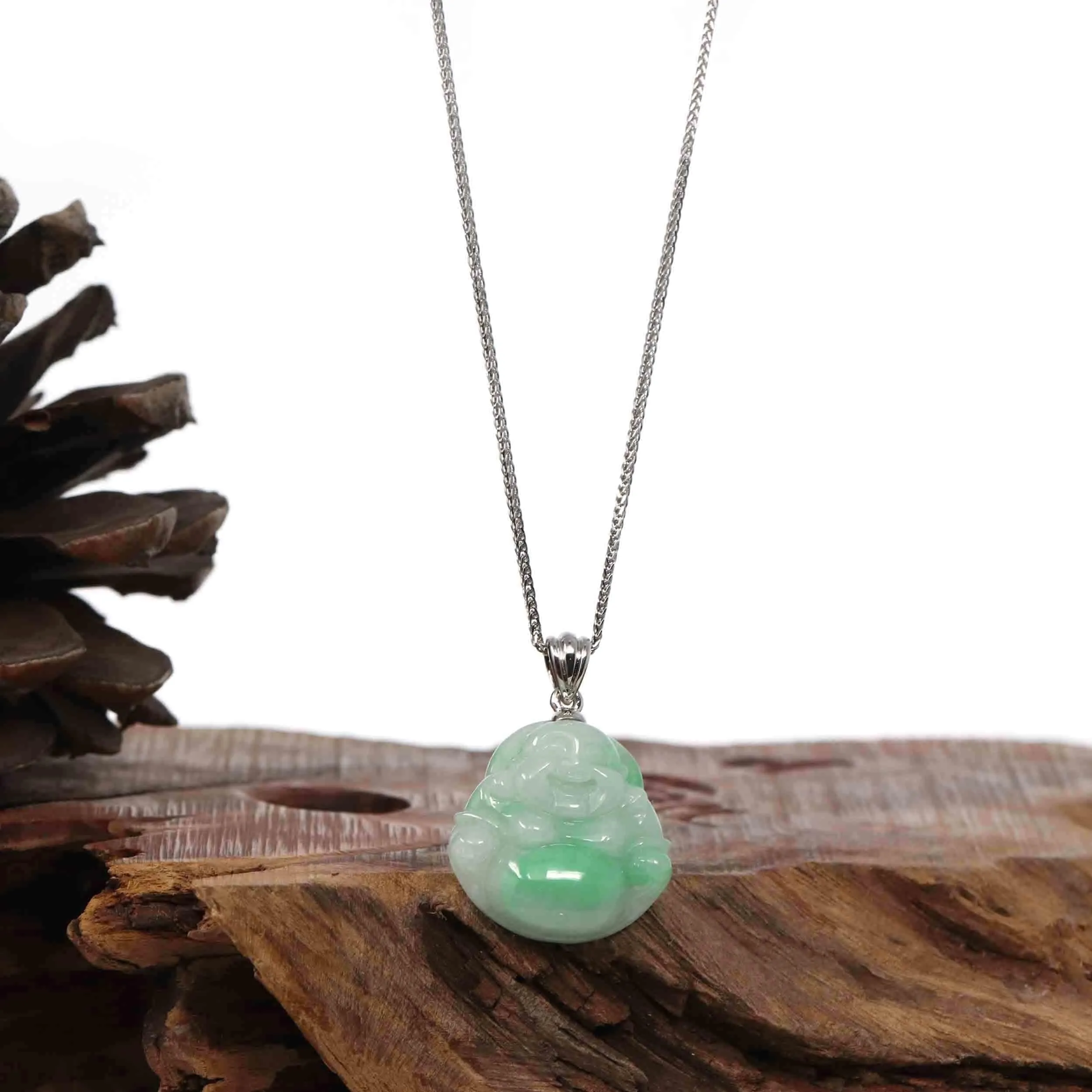 "Laughing Buddha" Genuine Vibrant Green Patch Jadeite Buddha Pendant Necklace With Sterling Silver Bail
