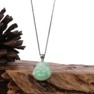 "Laughing Buddha" Genuine Vibrant Green Patch Jadeite Buddha Pendant Necklace With Sterling Silver Bail