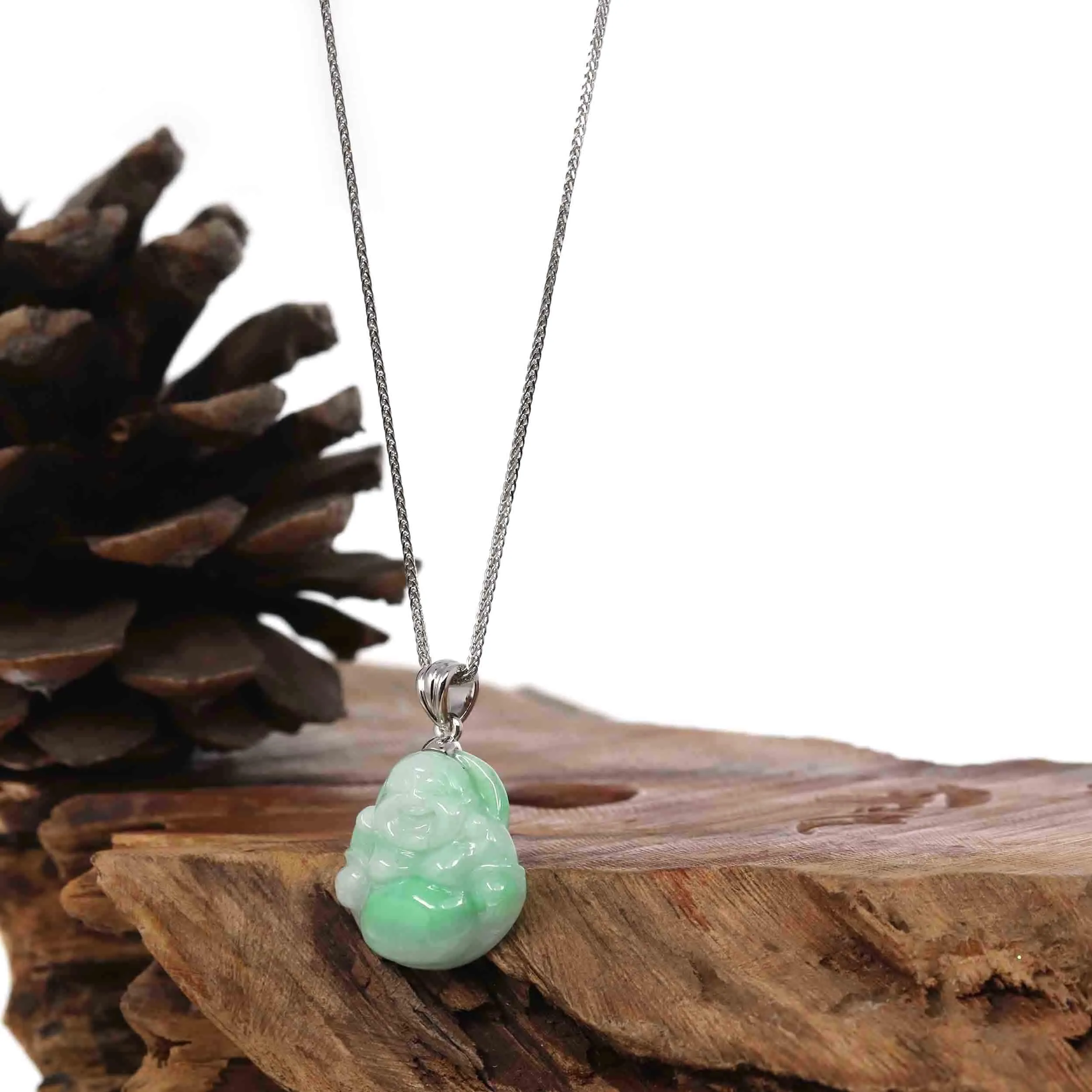 "Laughing Buddha" Genuine Vibrant Green Patch Jadeite Buddha Pendant Necklace With Sterling Silver Bail