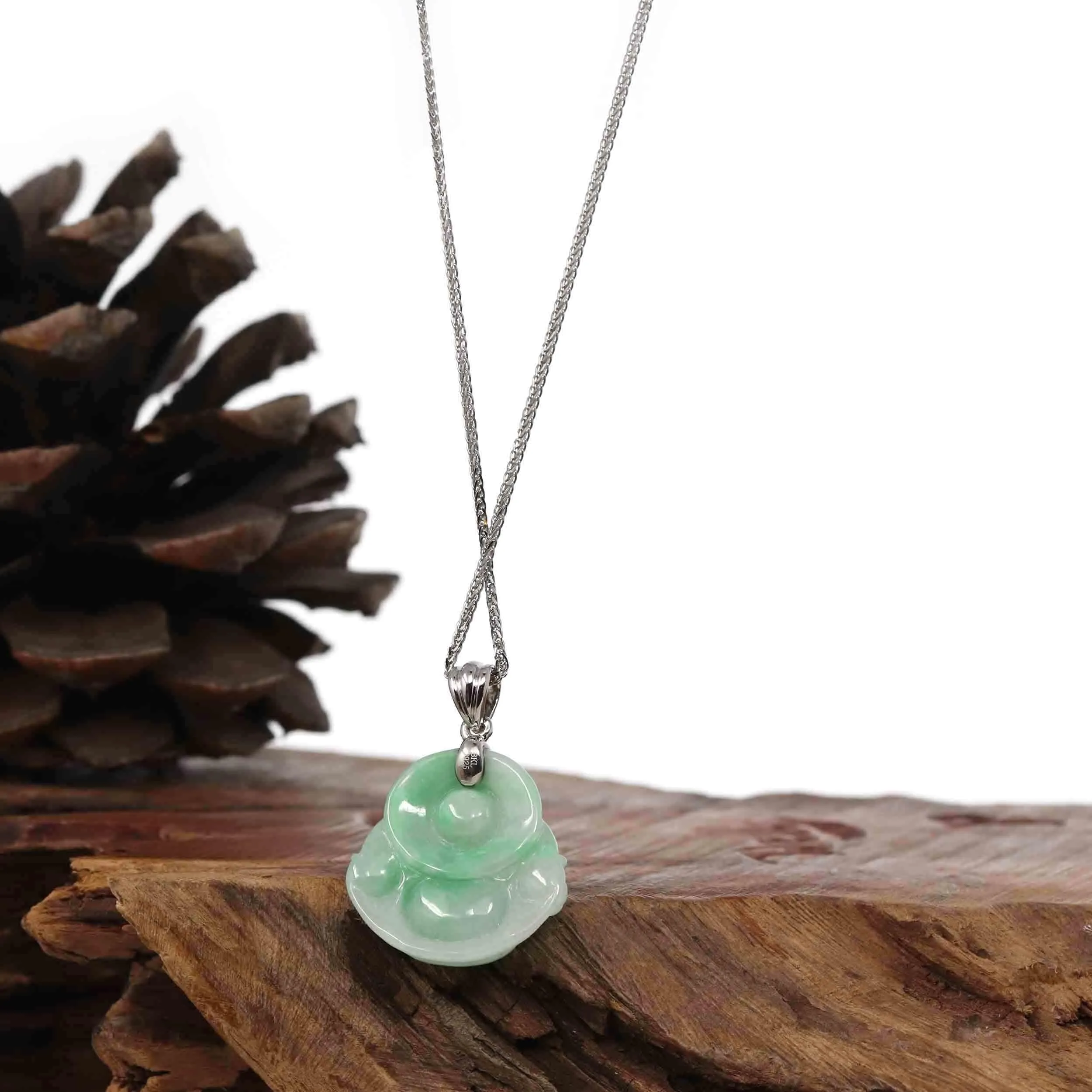 "Laughing Buddha" Genuine Vibrant Green Patch Jadeite Buddha Pendant Necklace With Sterling Silver Bail