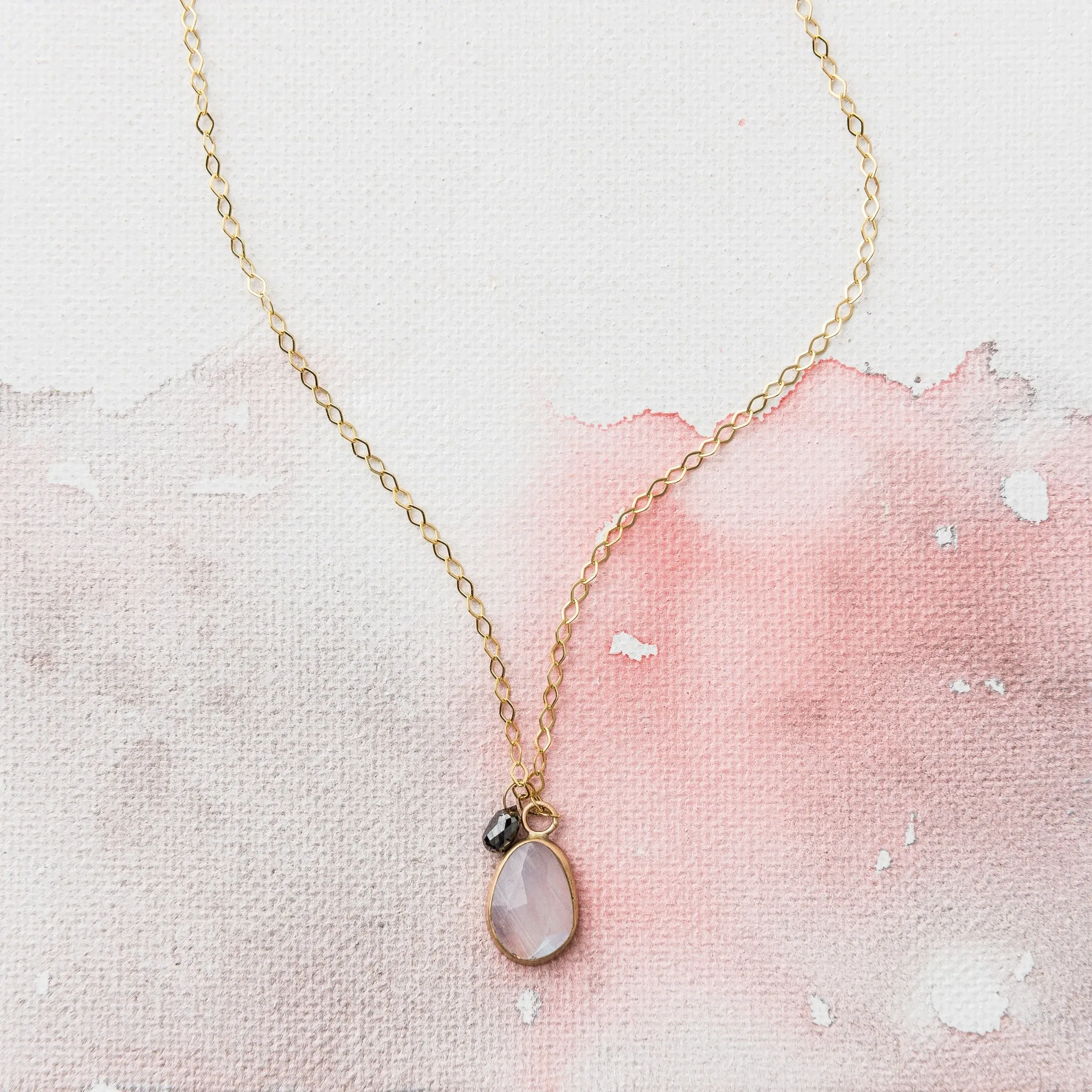 Rainbow Moonstone Necklace with Black Diamond Charm