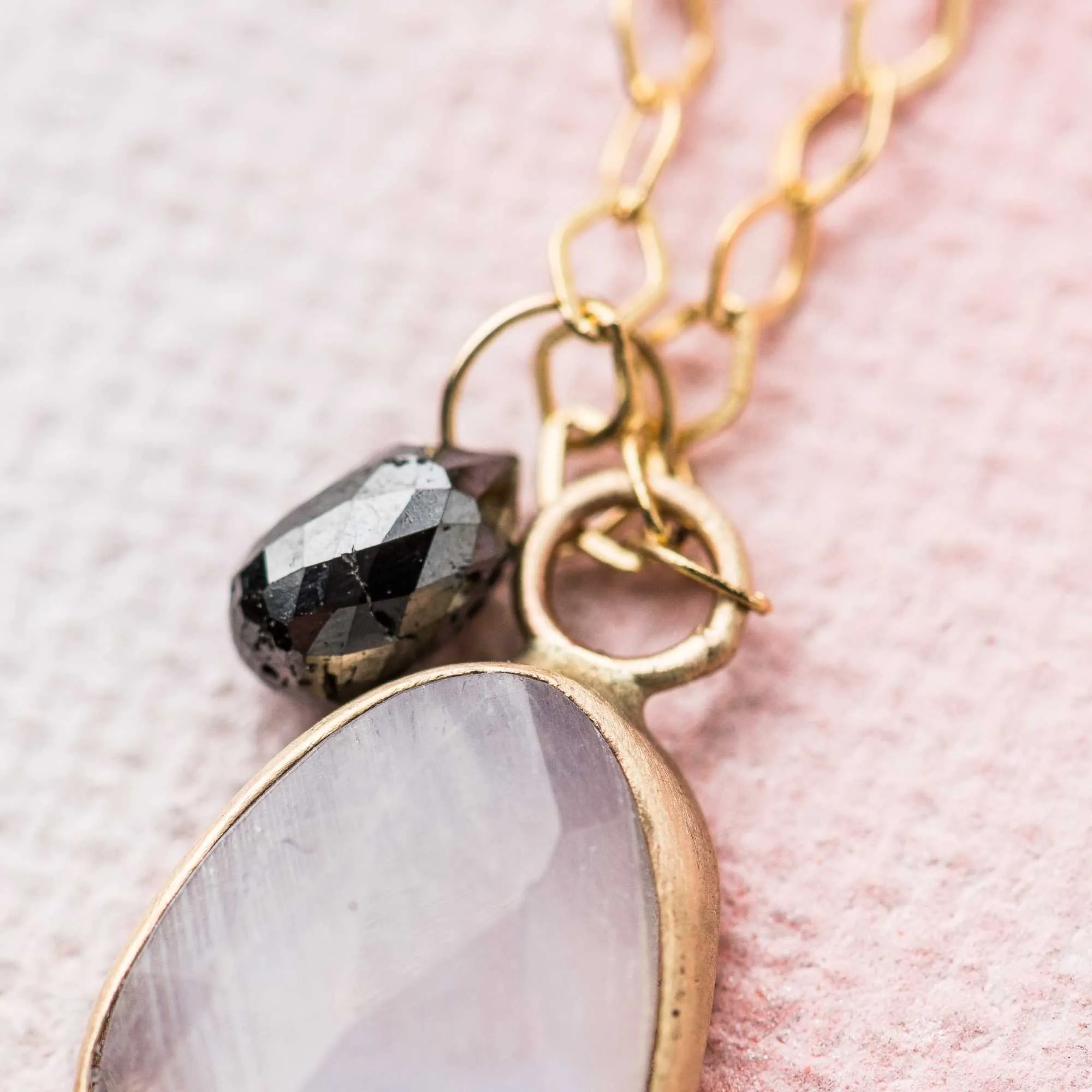 Rainbow Moonstone Necklace with Black Diamond Charm