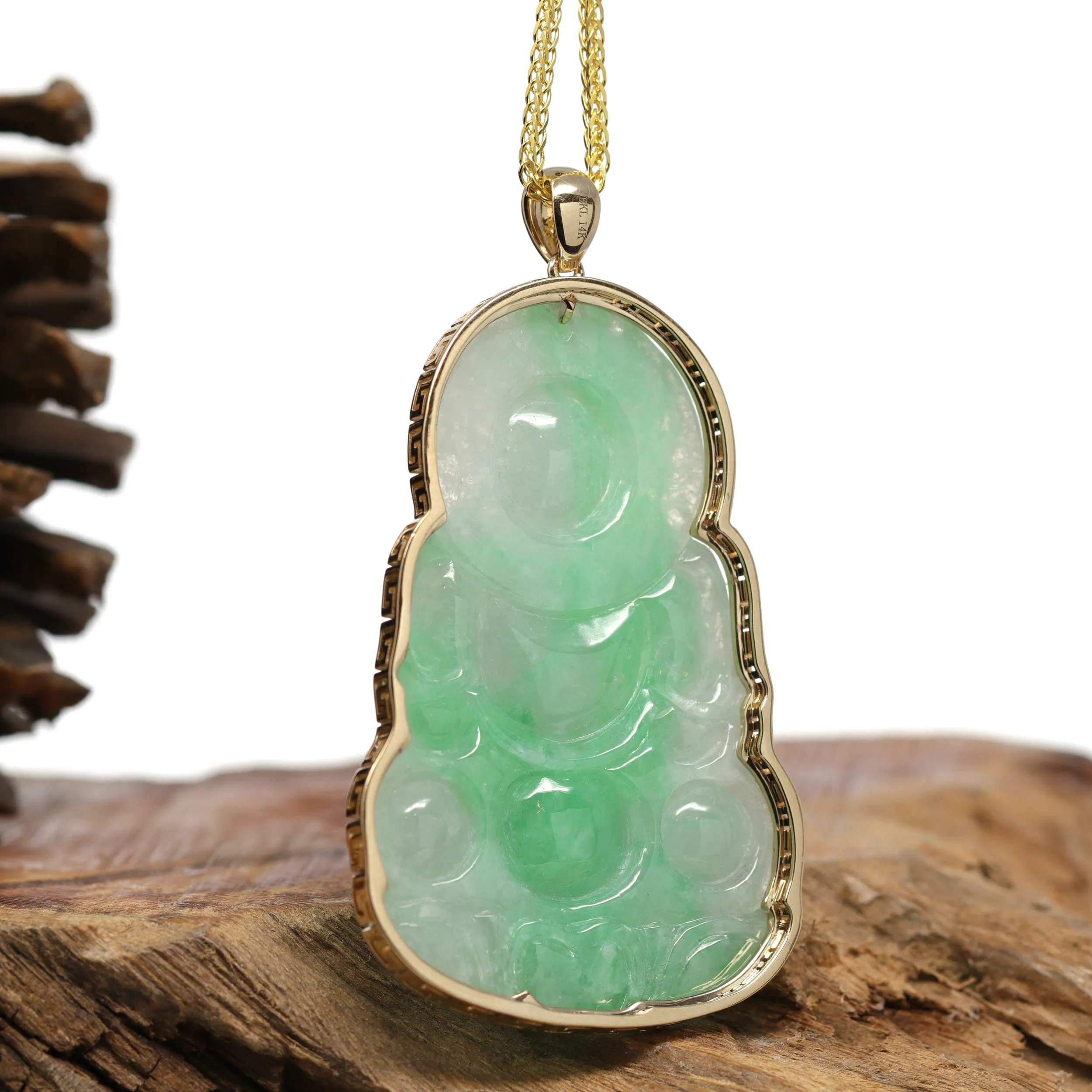 RealJade® 14k "Goddess of Compassion" Genuine Burmese Jadeite Jade Guanyin Necklace With Good Luck Design