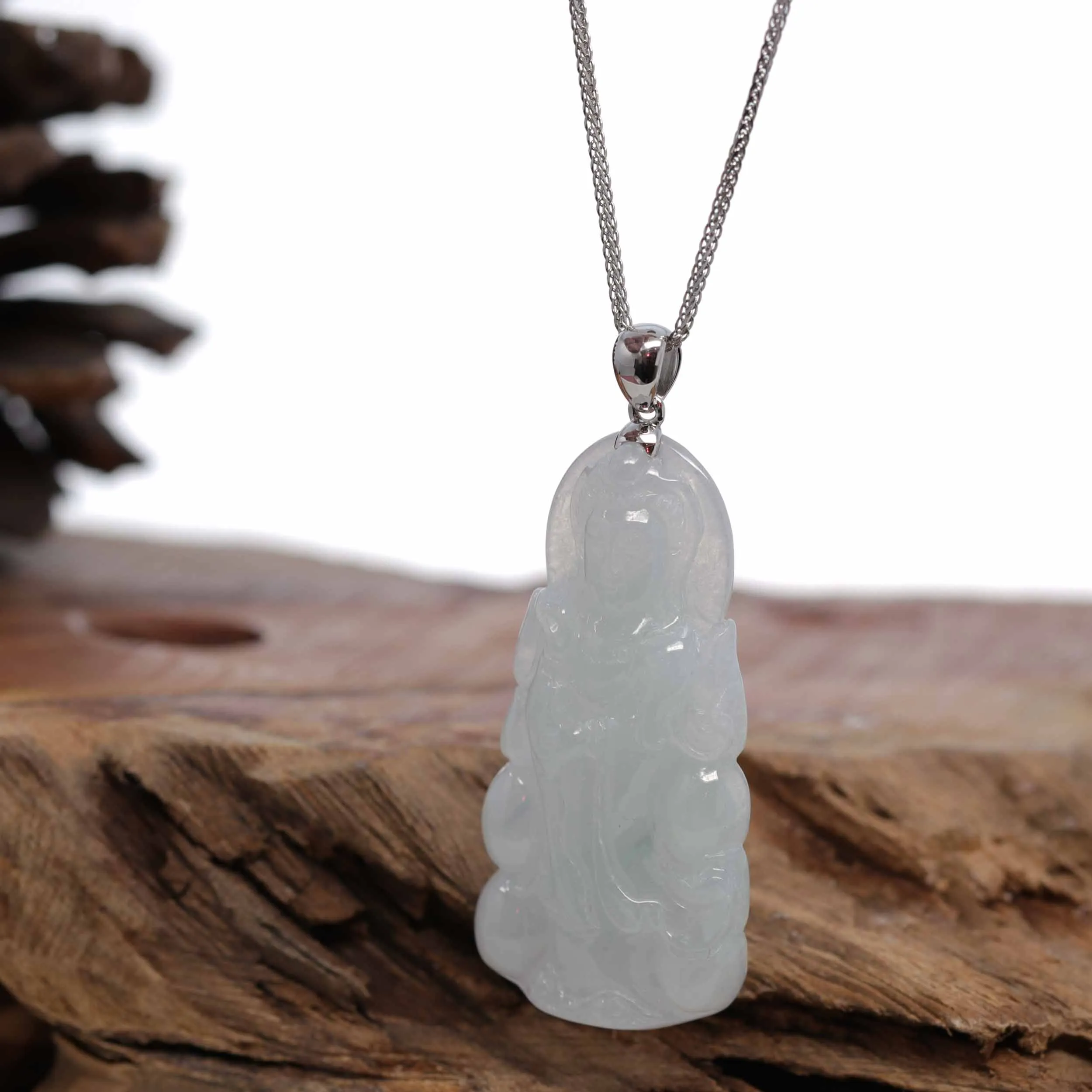 RealJade® 14k White Gold "Goddess of Compassion" Genuine Ice Burmese Jadeite Jade Guanyin Necklace With Gold Bail