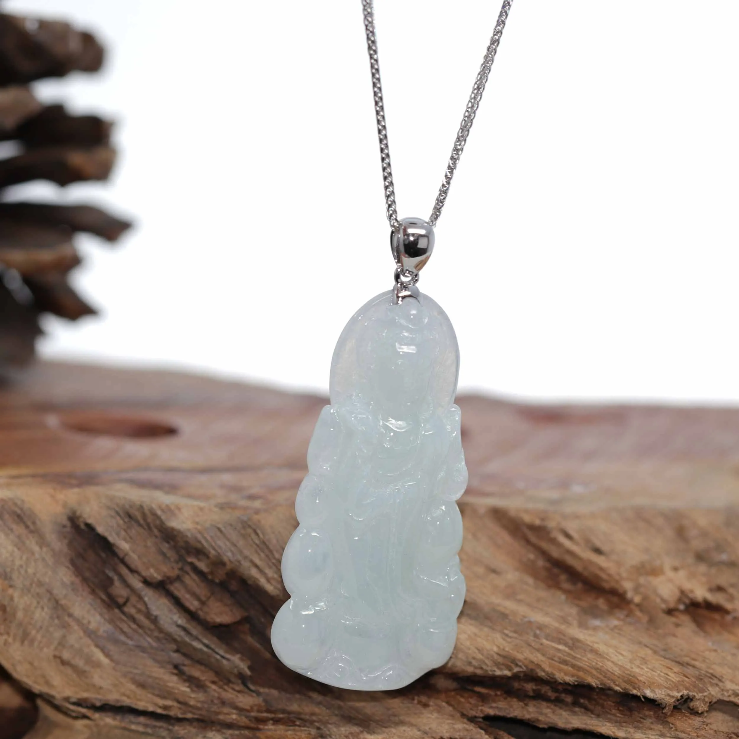 RealJade® 14k White Gold "Goddess of Compassion" Genuine Ice Burmese Jadeite Jade Guanyin Necklace With Gold Bail