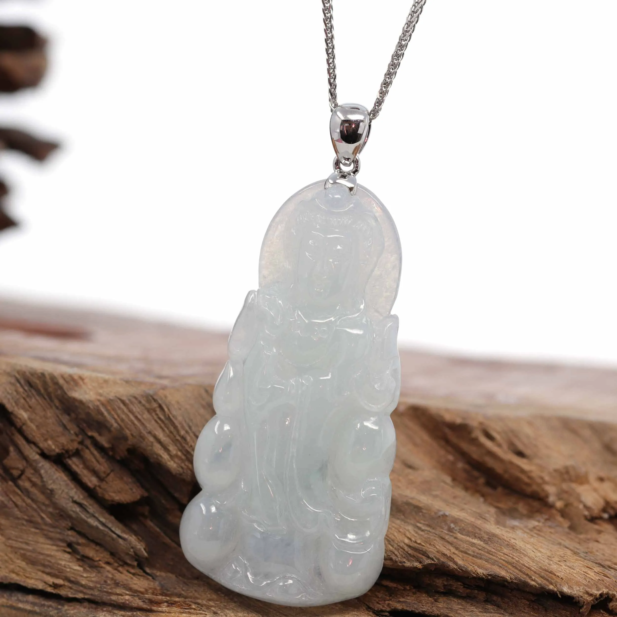 RealJade® 14k White Gold "Goddess of Compassion" Genuine Ice Burmese Jadeite Jade Guanyin Necklace With Gold Bail