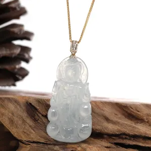 RealJade® 14k White Gold "Goddess of Compassion" Genuine Ice Burmese Jadeite Jade Guanyin Necklace With Gold VS1 Diamond Bail