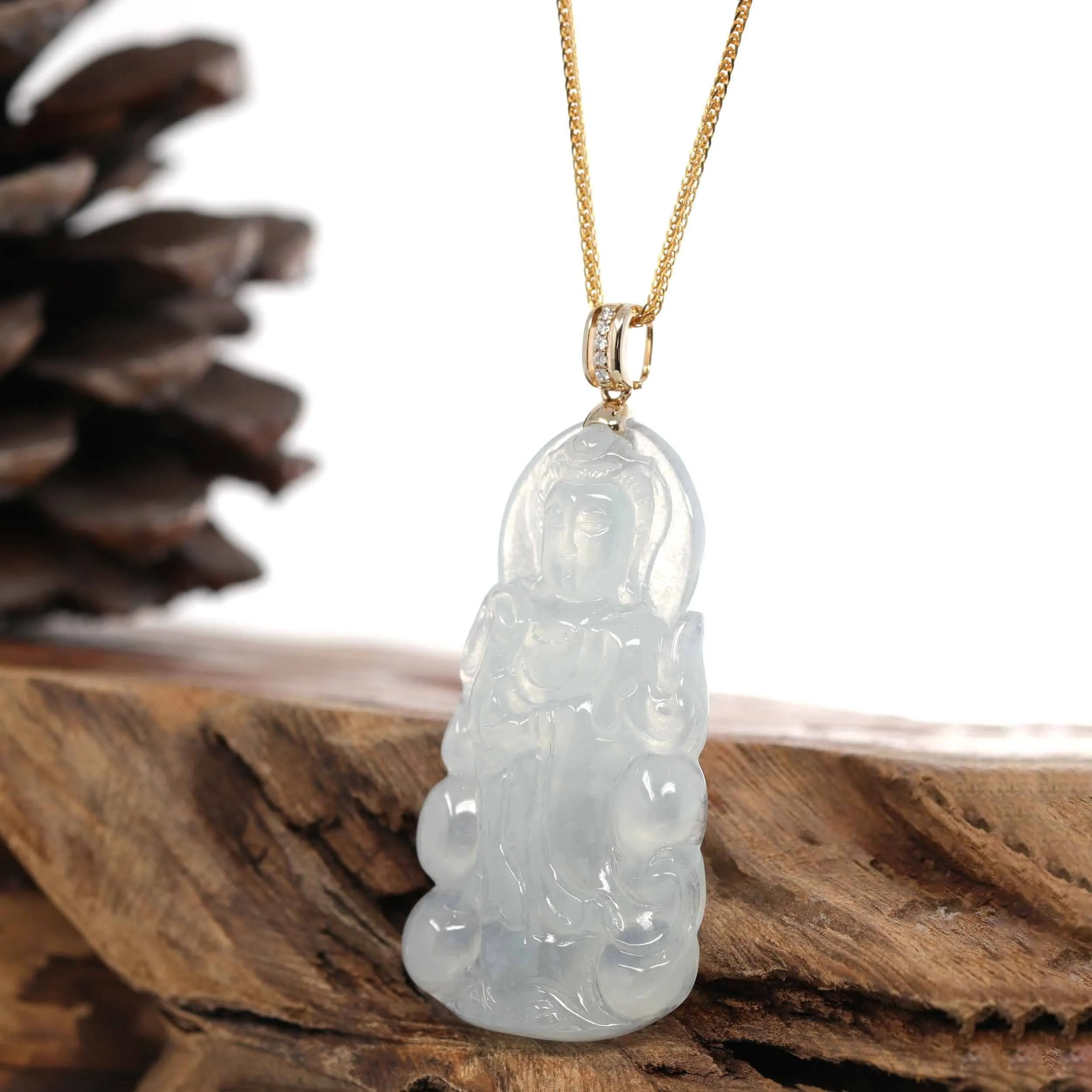 RealJade® 14k White Gold "Goddess of Compassion" Genuine Ice Burmese Jadeite Jade Guanyin Necklace With Gold VS1 Diamond Bail
