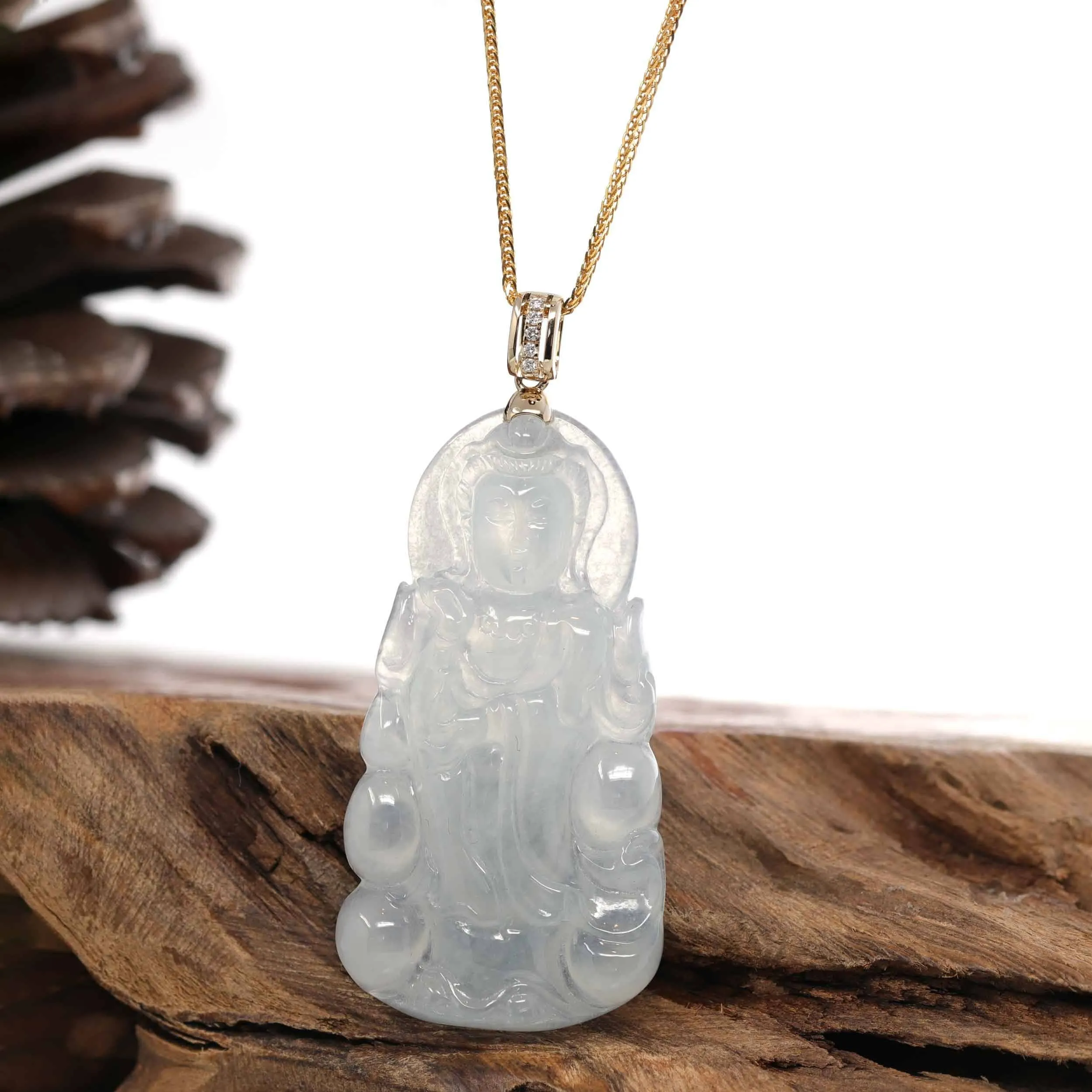 RealJade® 14k White Gold "Goddess of Compassion" Genuine Ice Burmese Jadeite Jade Guanyin Necklace With Gold VS1 Diamond Bail