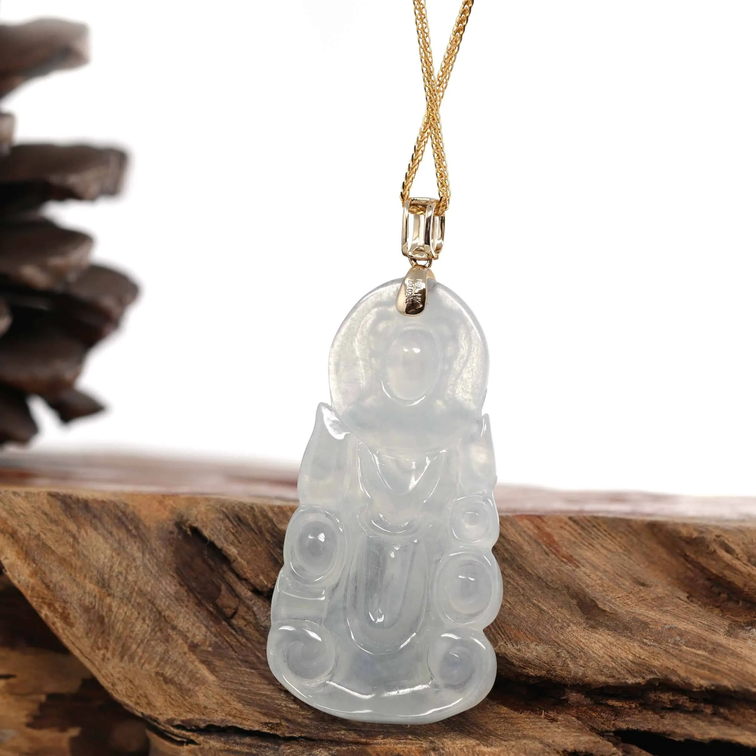 RealJade® 14k White Gold "Goddess of Compassion" Genuine Ice Burmese Jadeite Jade Guanyin Necklace With Gold VS1 Diamond Bail