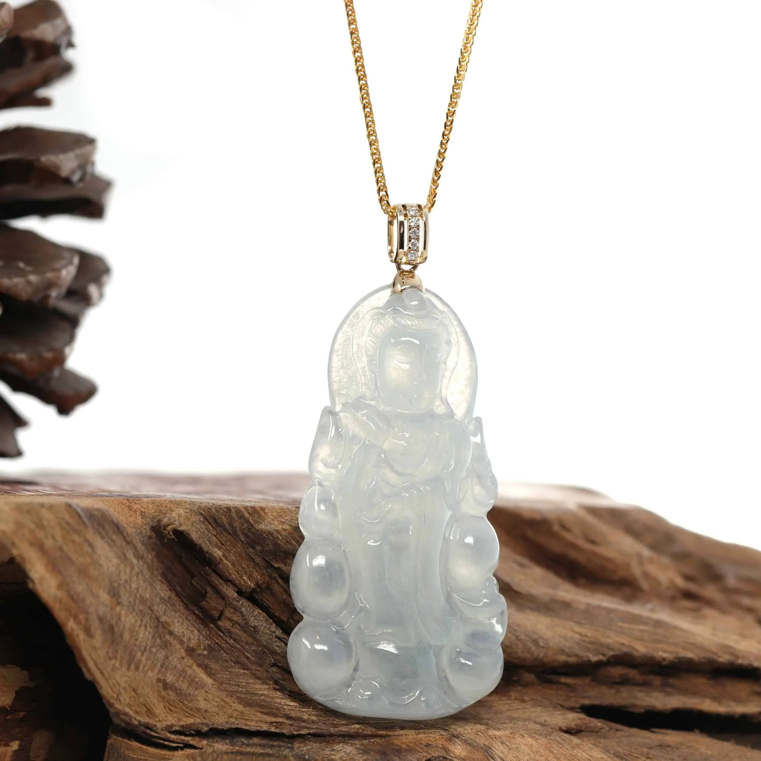 RealJade® 14k White Gold "Goddess of Compassion" Genuine Ice Burmese Jadeite Jade Guanyin Necklace With Gold VS1 Diamond Bail