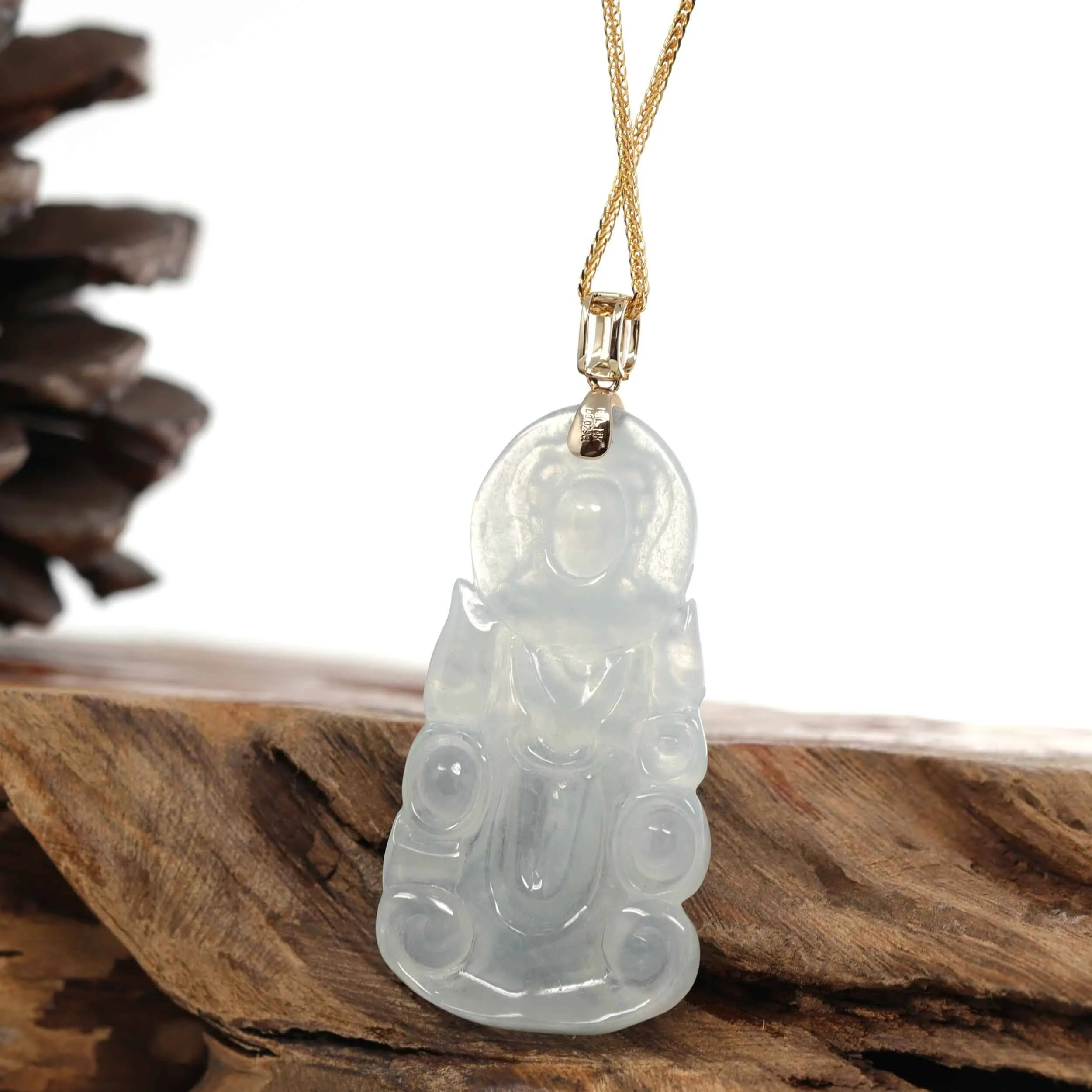 RealJade® 14k White Gold "Goddess of Compassion" Genuine Ice Burmese Jadeite Jade Guanyin Necklace With Gold VS1 Diamond Bail