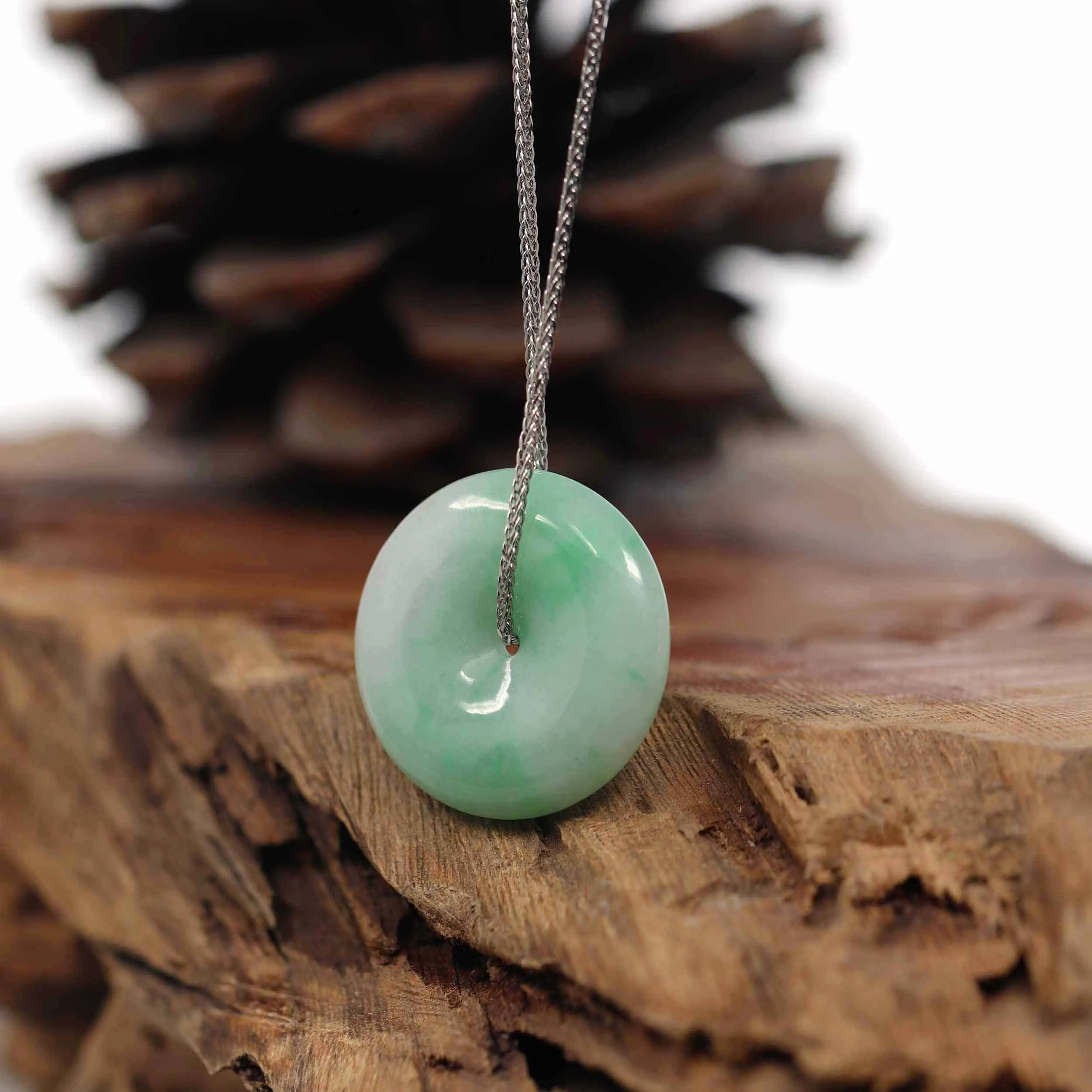 RealJade® Co. "Good Luck Button" Necklace White Green Jadeite Jade Lucky Ping An Kou Pendant