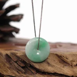 RealJade® Co. "Good Luck Button" Necklace White Green Jadeite Jade Lucky Ping An Kou Pendant