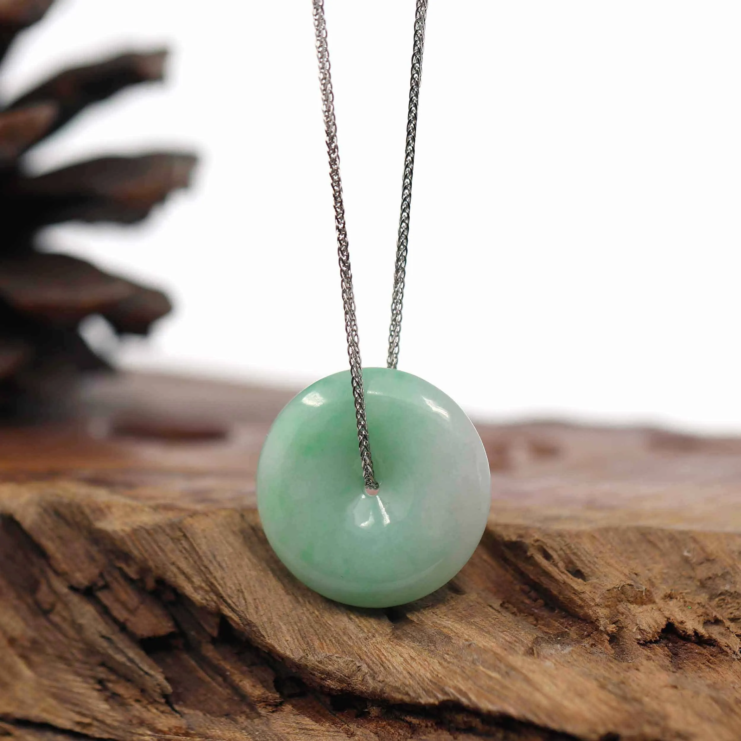 RealJade® Co. "Good Luck Button" Necklace White Green Jadeite Jade Lucky Ping An Kou Pendant
