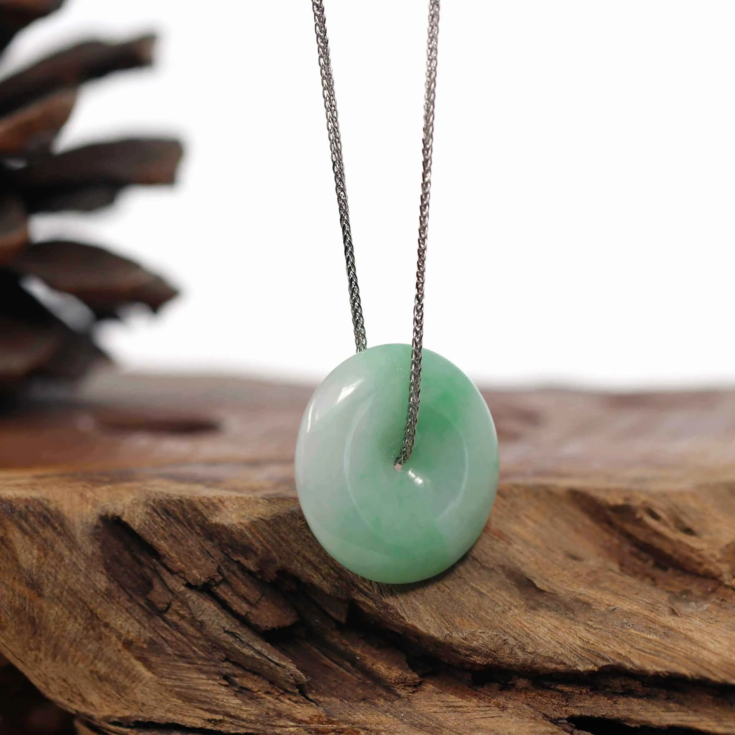 RealJade® Co. "Good Luck Button" Necklace White Green Jadeite Jade Lucky Ping An Kou Pendant