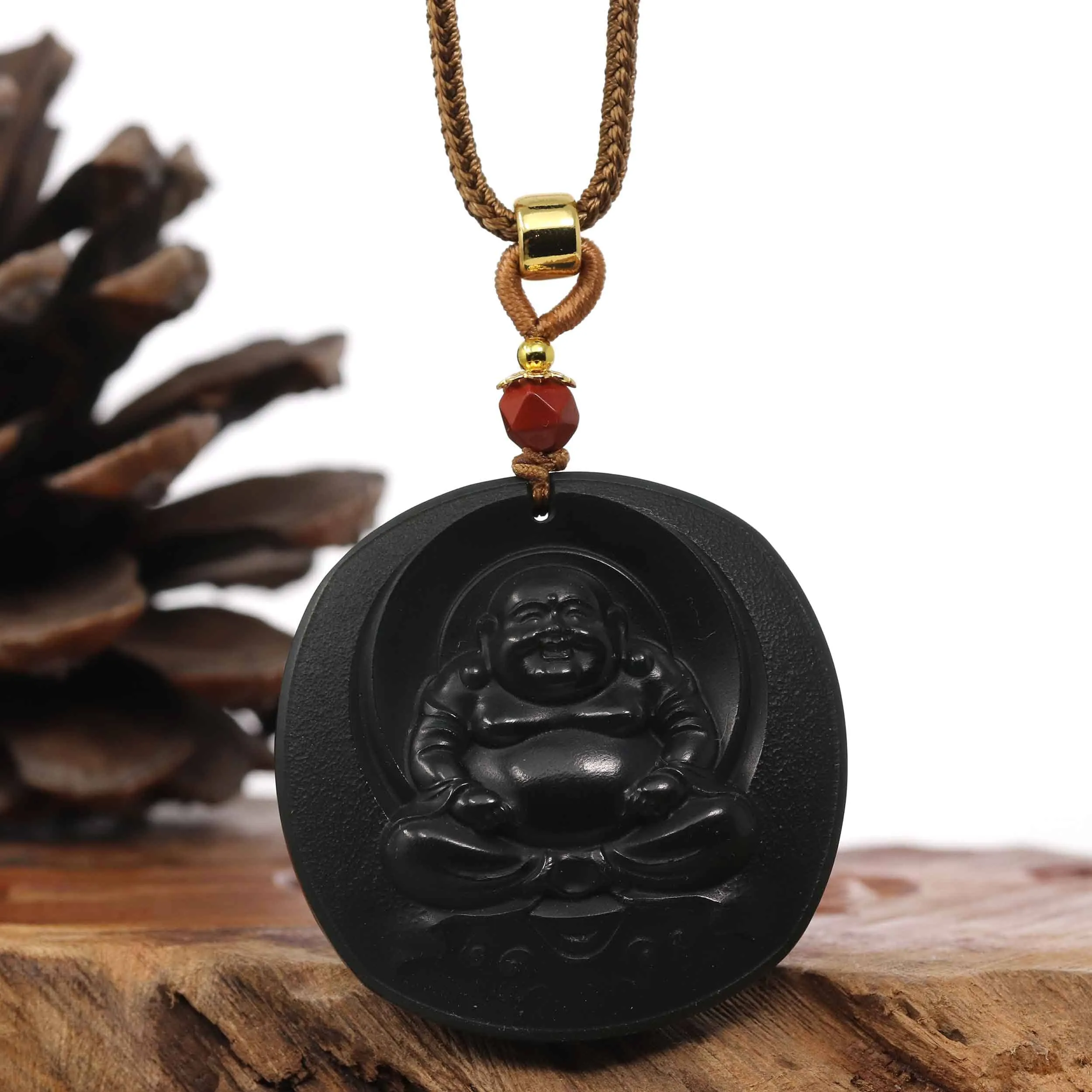 RealJade® Co. "Happy Buddha" Genuine Black Jade Pendant Necklace With Adjustable String