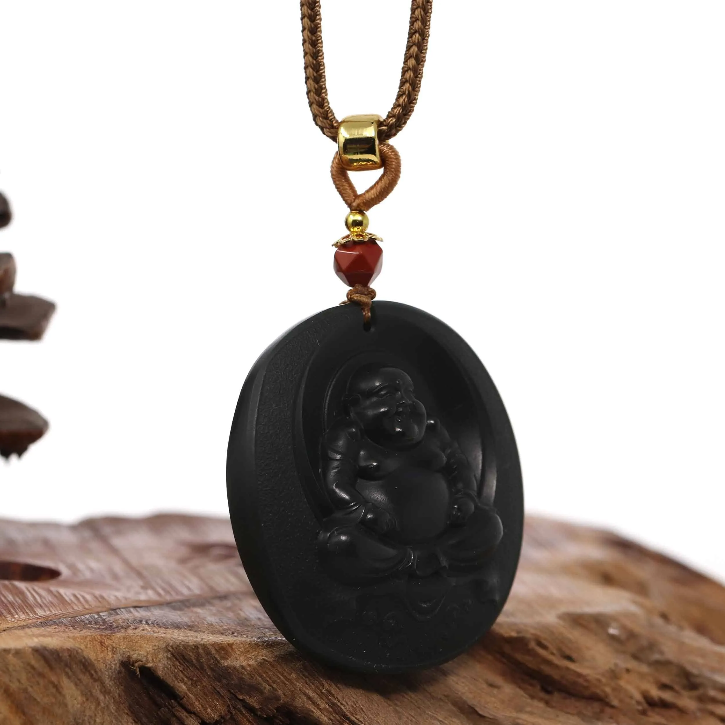 RealJade® Co. "Happy Buddha" Genuine Black Jade Pendant Necklace With Adjustable String