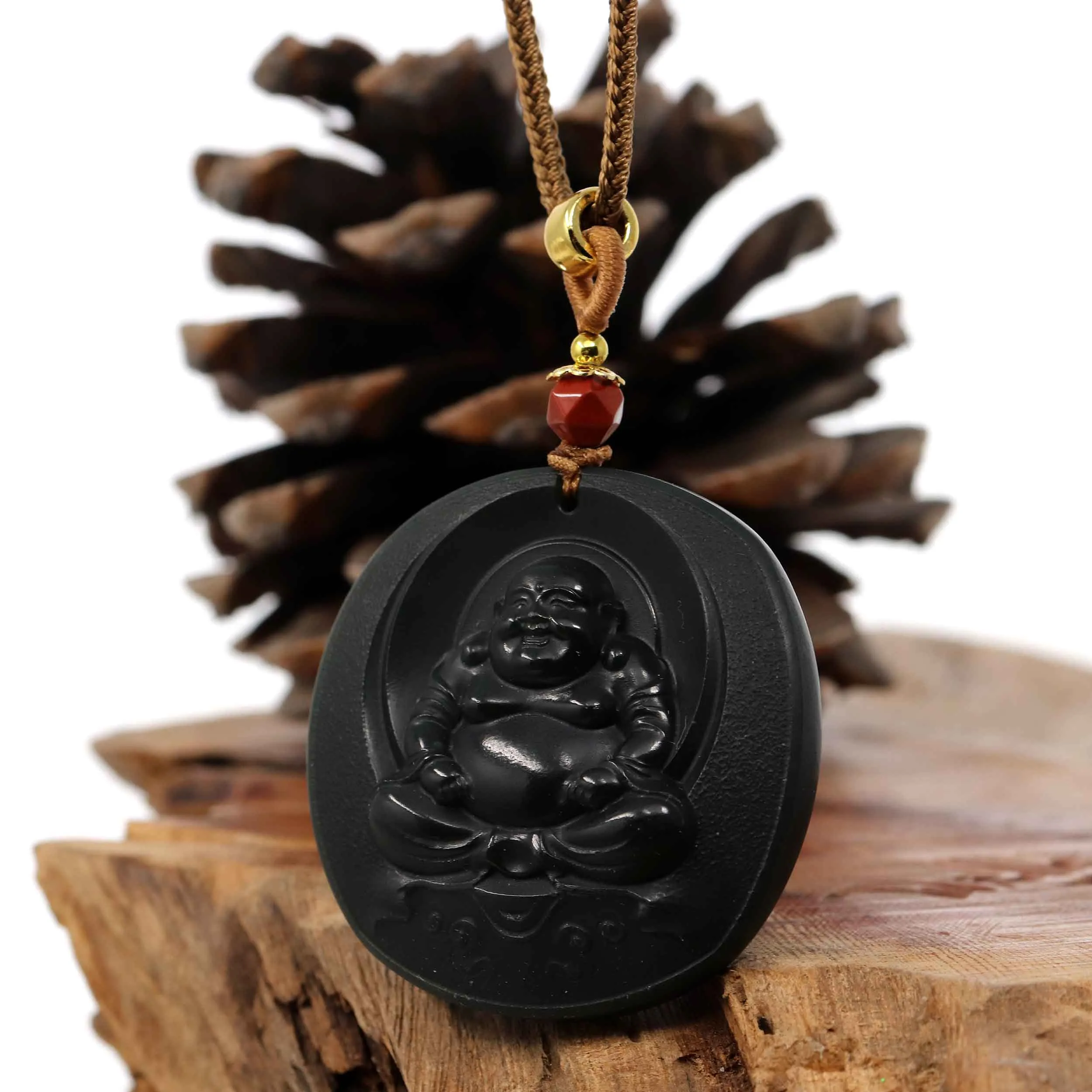 RealJade® Co. "Happy Buddha" Genuine Black Jade Pendant Necklace With Adjustable String