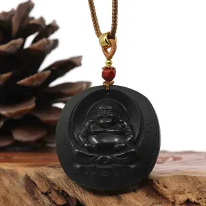RealJade® Co. "Happy Buddha" Genuine Black Jade Pendant Necklace With Adjustable String