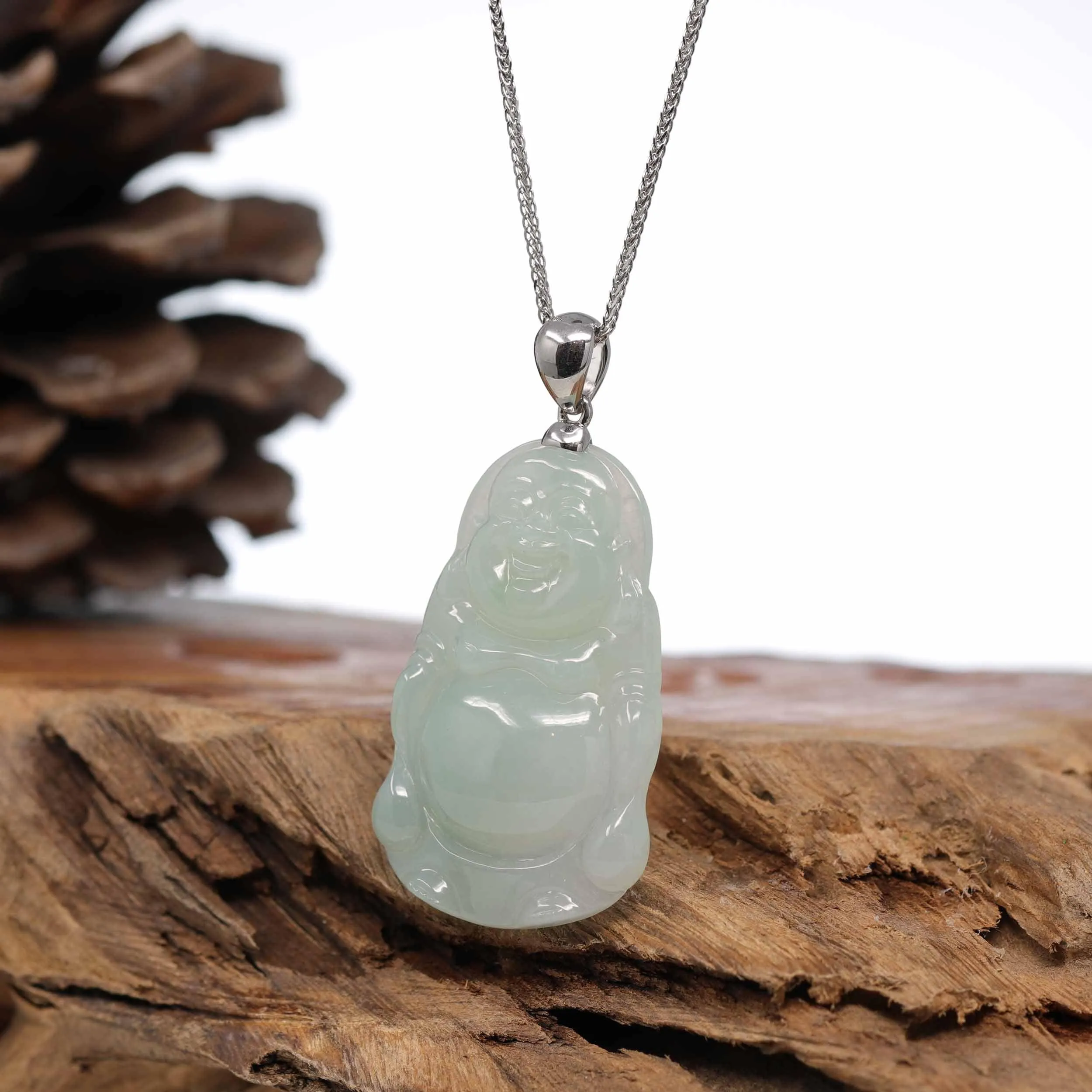 RealJade® Co. "Standing Buddha" Genuine Green Jadeite Buddha Pendant Necklace With Silver  Bail