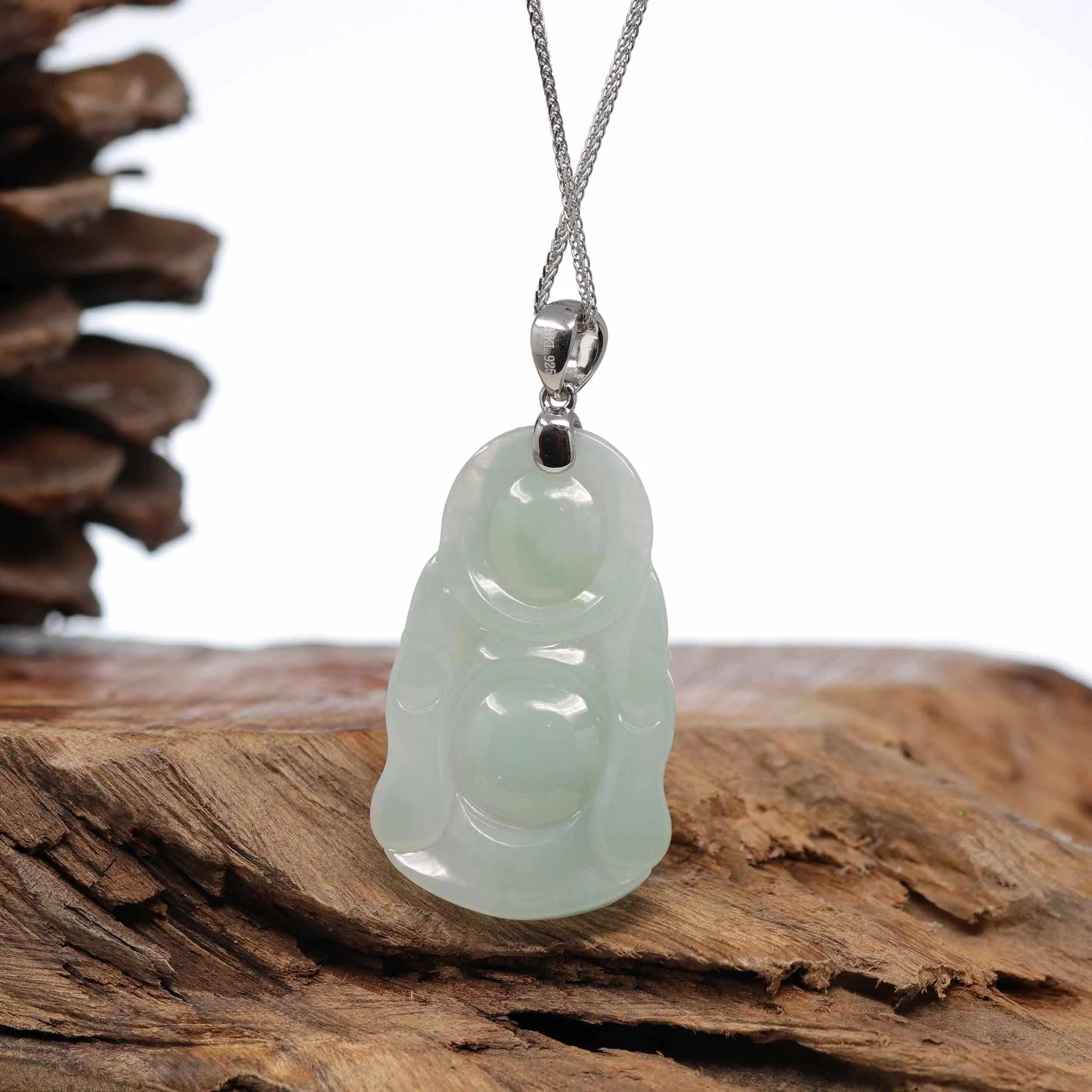 RealJade® Co. "Standing Buddha" Genuine Green Jadeite Buddha Pendant Necklace With Silver  Bail
