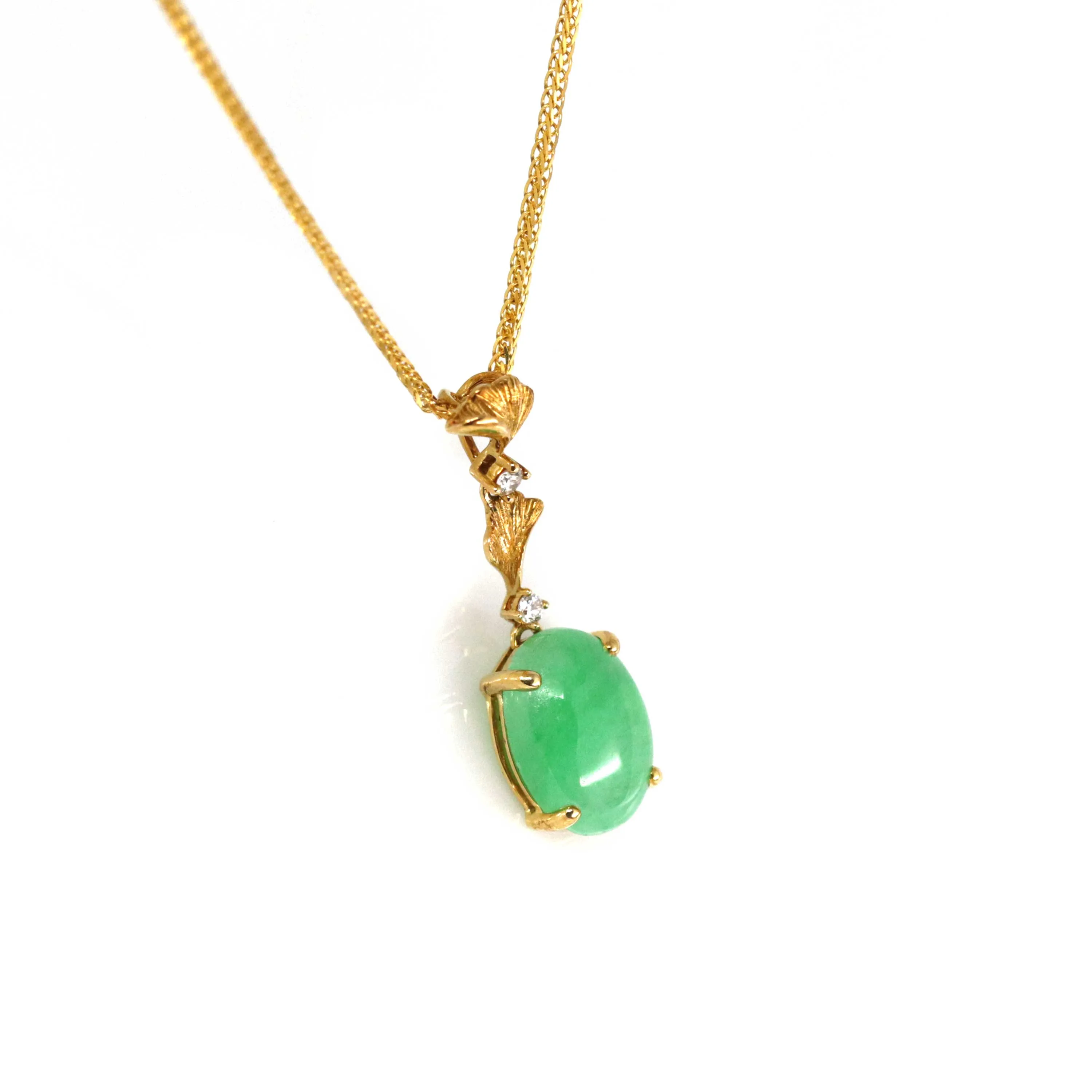 RealJade® "Ginkgo Leaf" 18k Yellow Gold Imperial Green Jadeite Jade Diamond Pendant Necklace