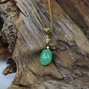 RealJade® "Ginkgo Leaf" 18k Yellow Gold Imperial Green Jadeite Jade Diamond Pendant Necklace