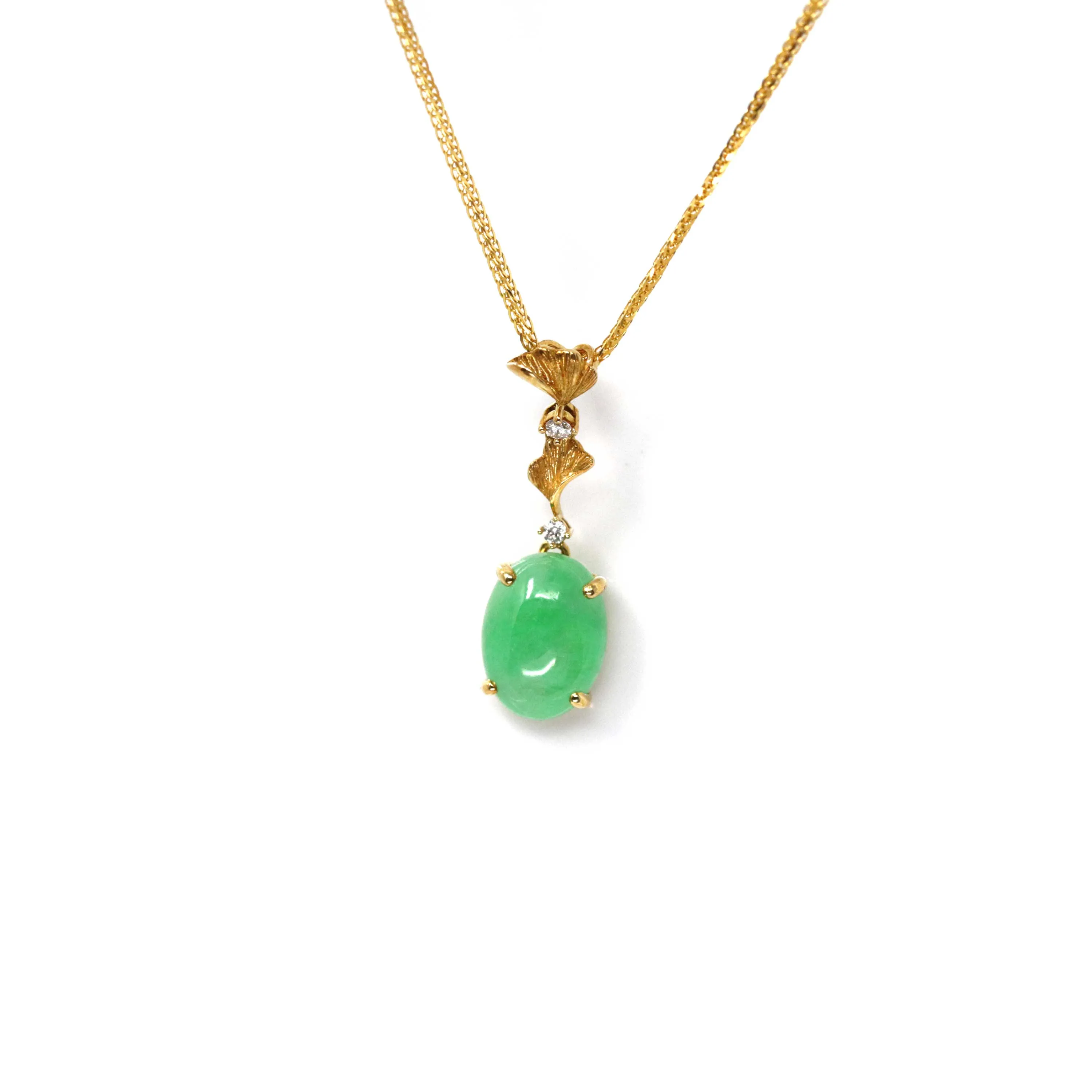 RealJade® "Ginkgo Leaf" 18k Yellow Gold Imperial Green Jadeite Jade Diamond Pendant Necklace