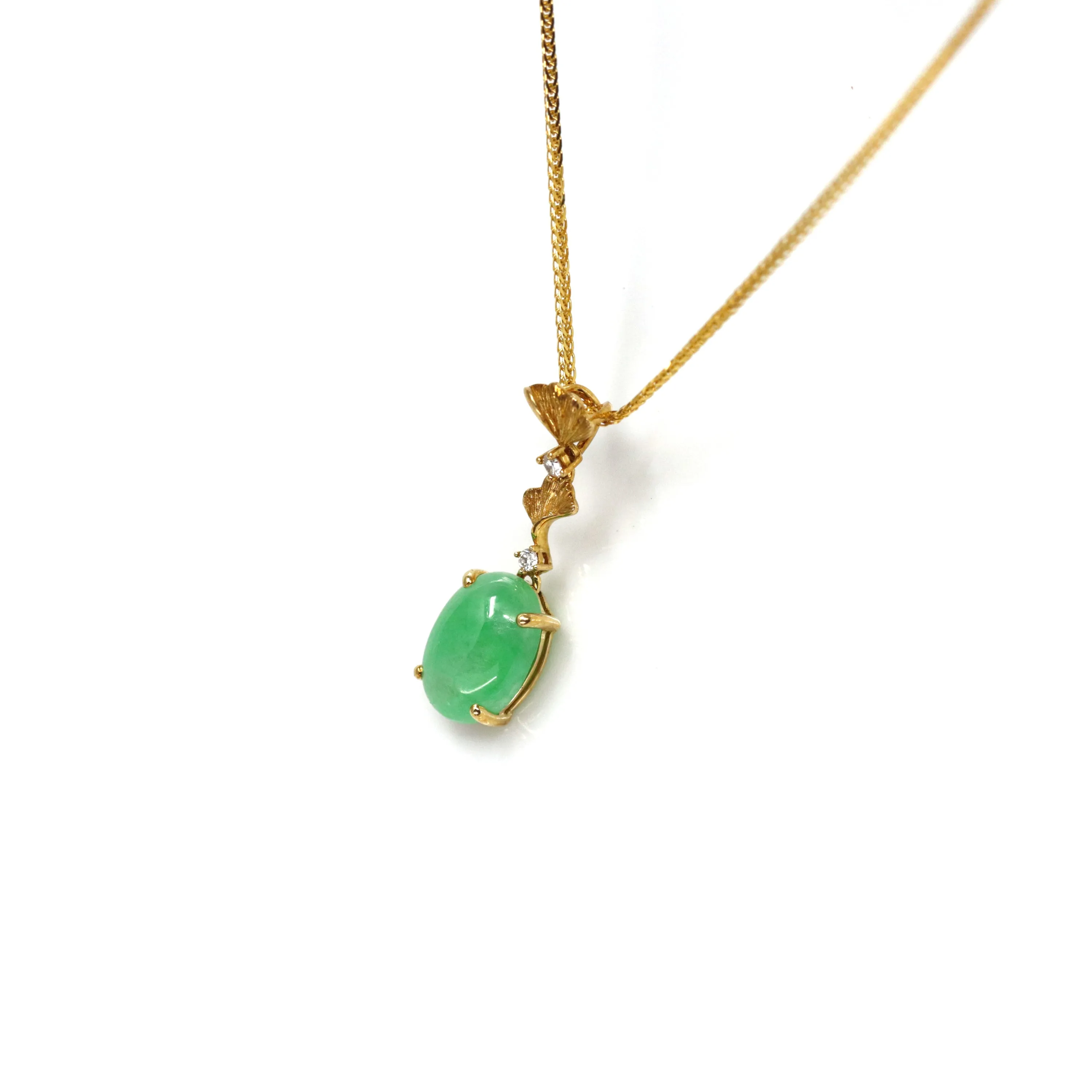 RealJade® "Ginkgo Leaf" 18k Yellow Gold Imperial Green Jadeite Jade Diamond Pendant Necklace