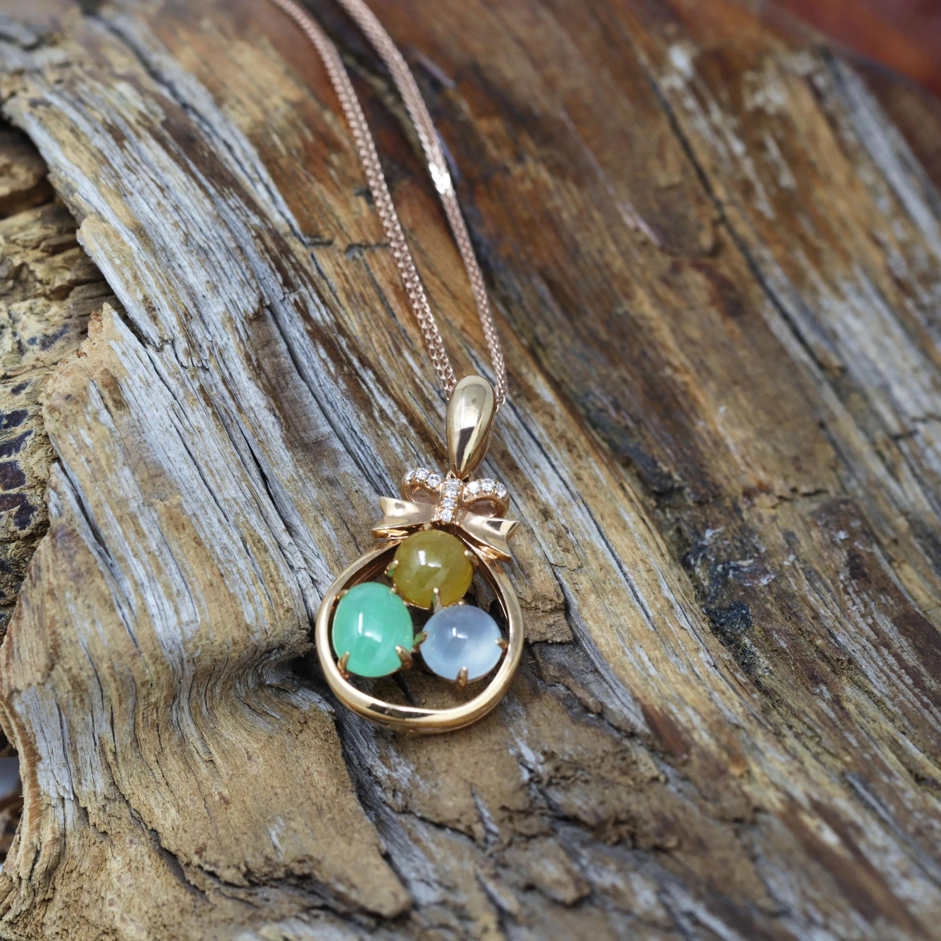 RealJade® "Good Luck Sack"18k Rose Gold Multi Color Jadeite Jade Diamond Pendant Necklace
