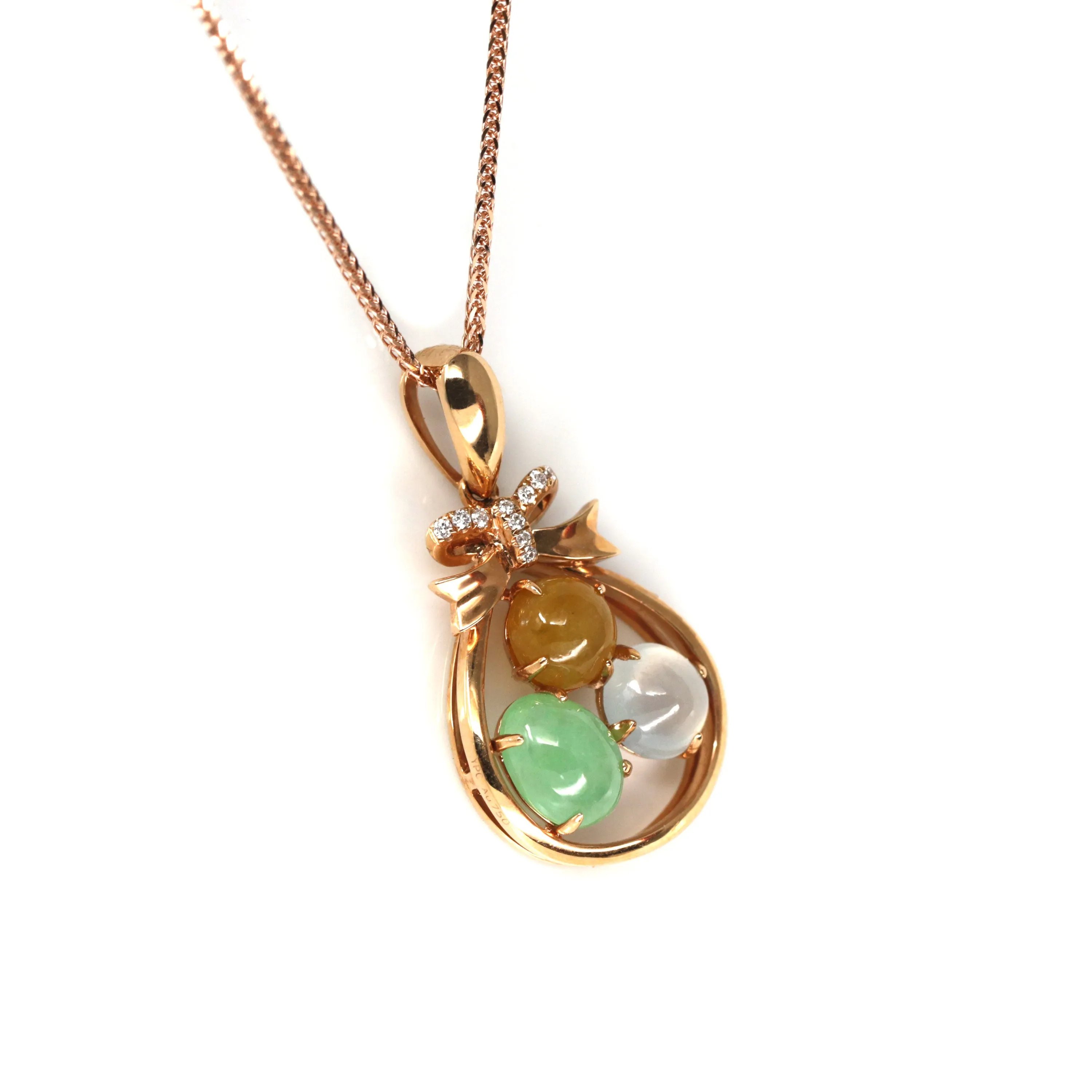 RealJade® "Good Luck Sack"18k Rose Gold Multi Color Jadeite Jade Diamond Pendant Necklace